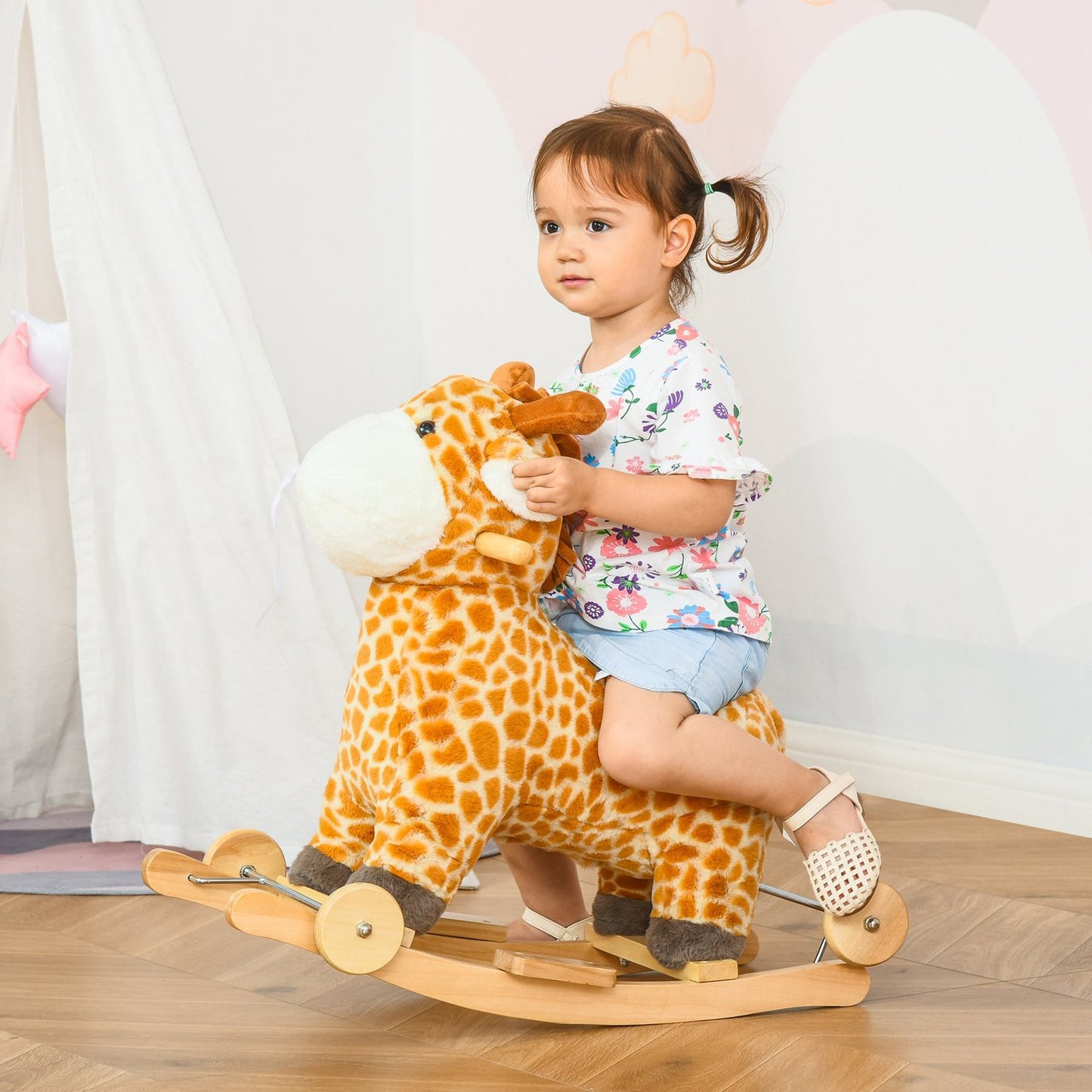 Convertible 2-in-1 plush rocking horse with wheels, yellow