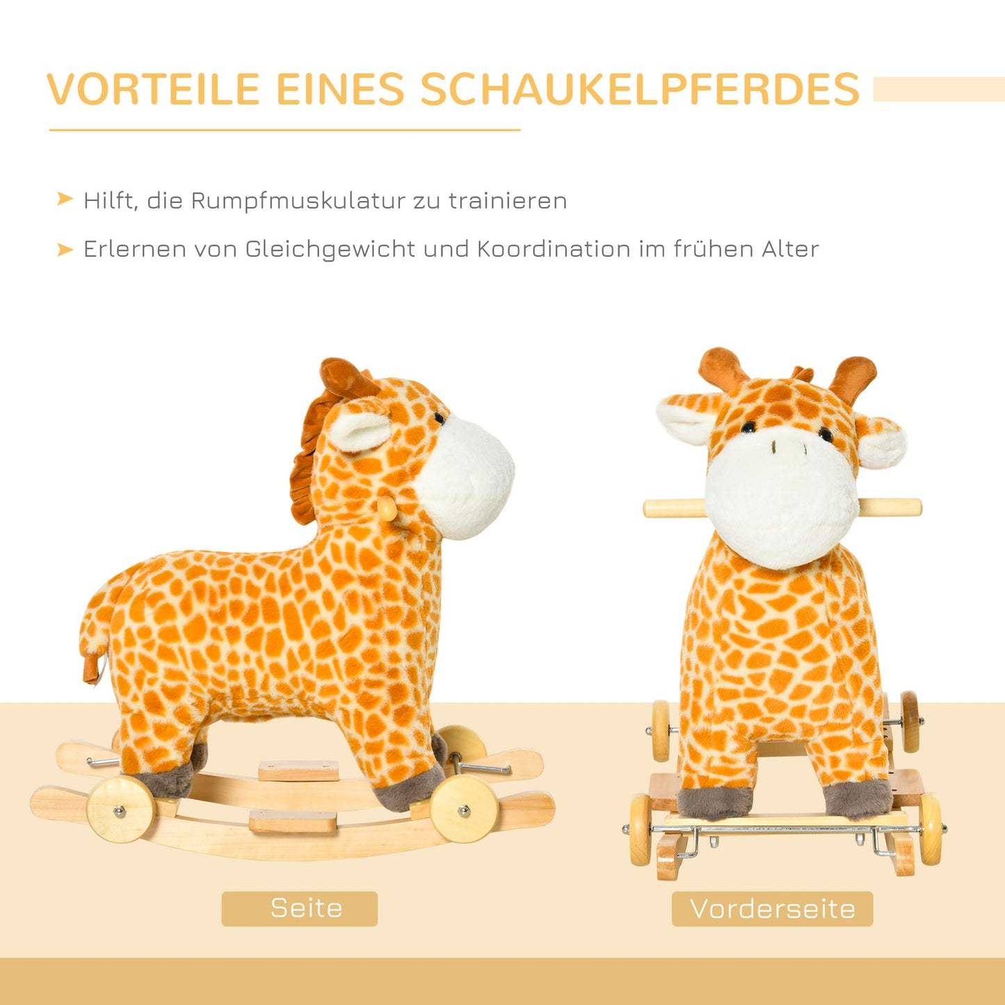 Convertible 2-in-1 plush rocking horse with wheels, yellow