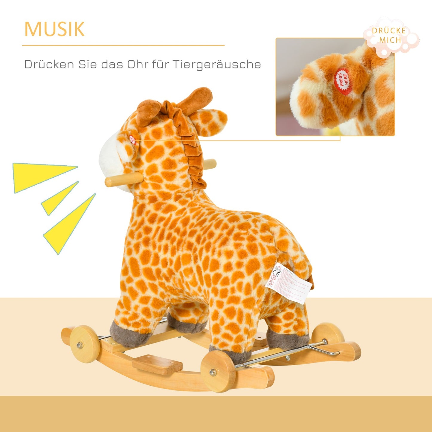 Convertible 2-in-1 plush rocking horse with wheels, yellow