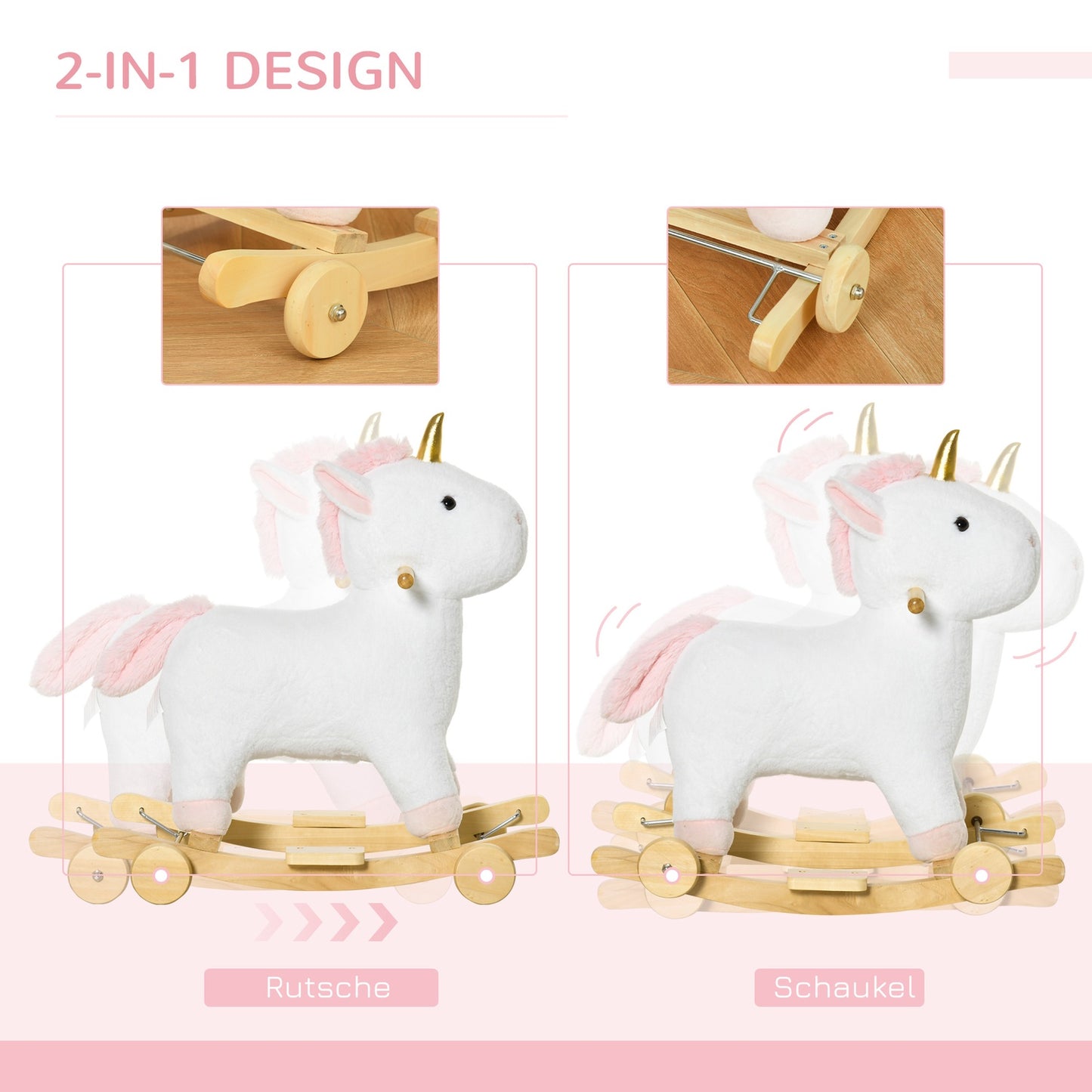 2-in-1 plush rocking horse & wheel toy for children, white