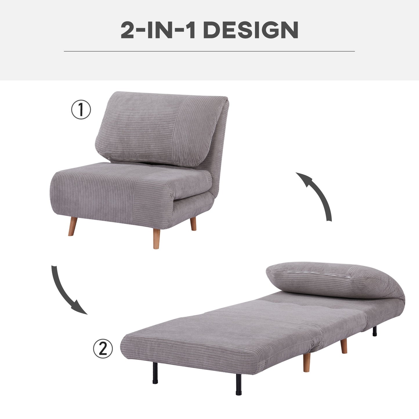 Sofa bed - adjustable, folding mattress, light grey