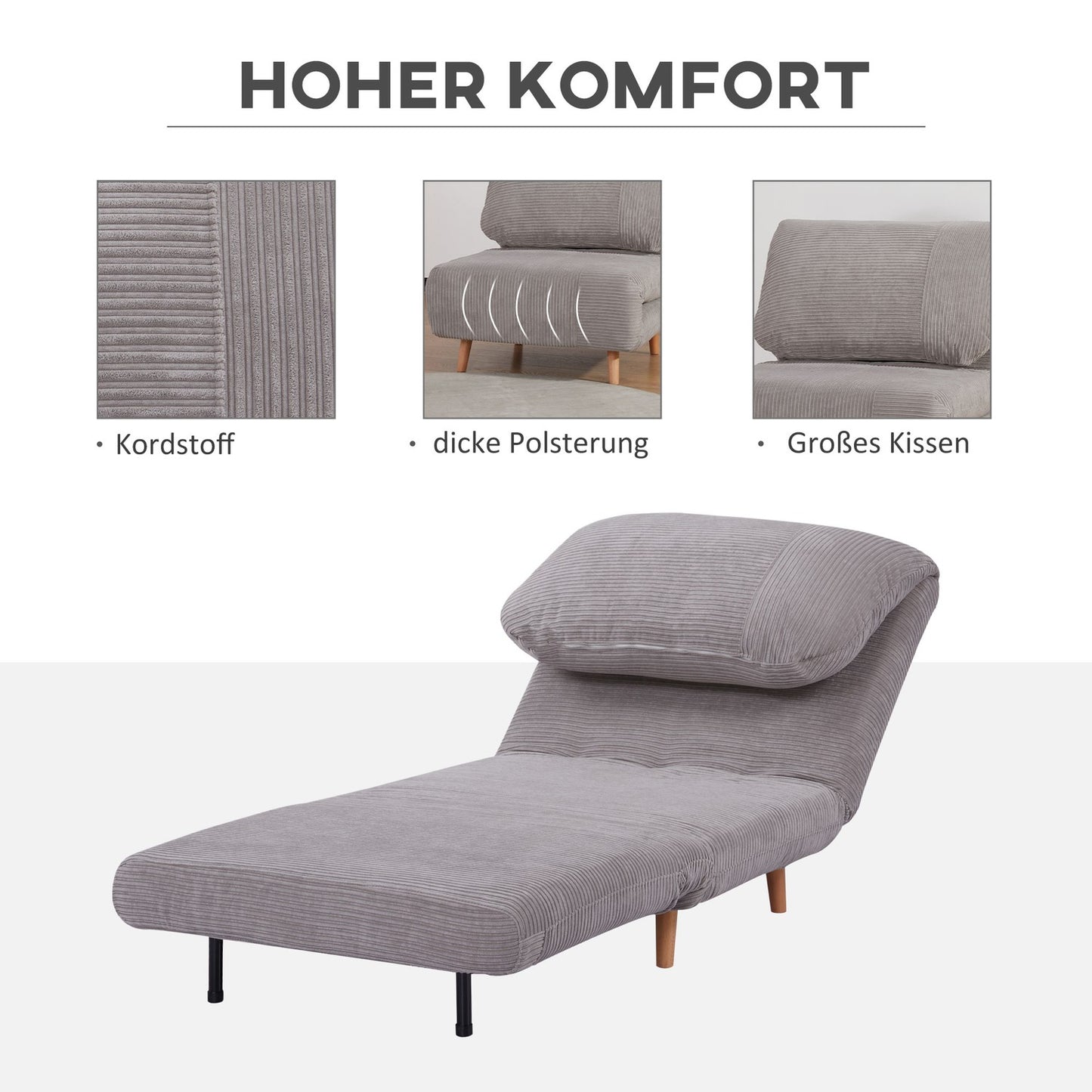 Sofa bed - adjustable, folding mattress, light grey