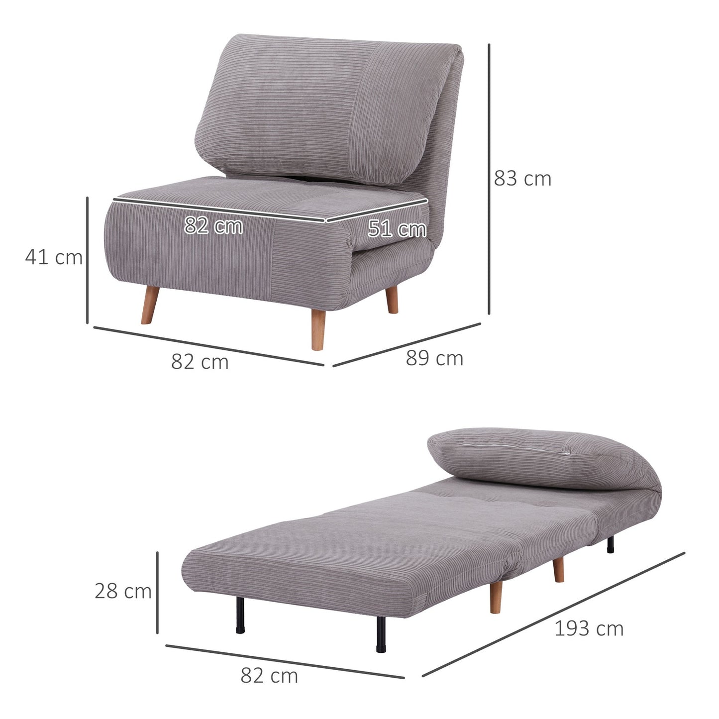 Sofa bed - adjustable, folding mattress, light grey