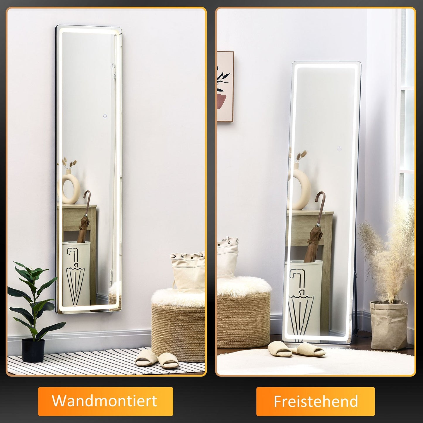 Full-length LED standing mirror, makeup and wall mount, silver/black