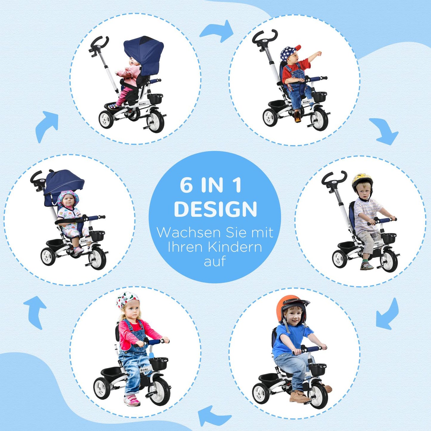 2-in-1 tricycle for children with canopy and safety belt, blue