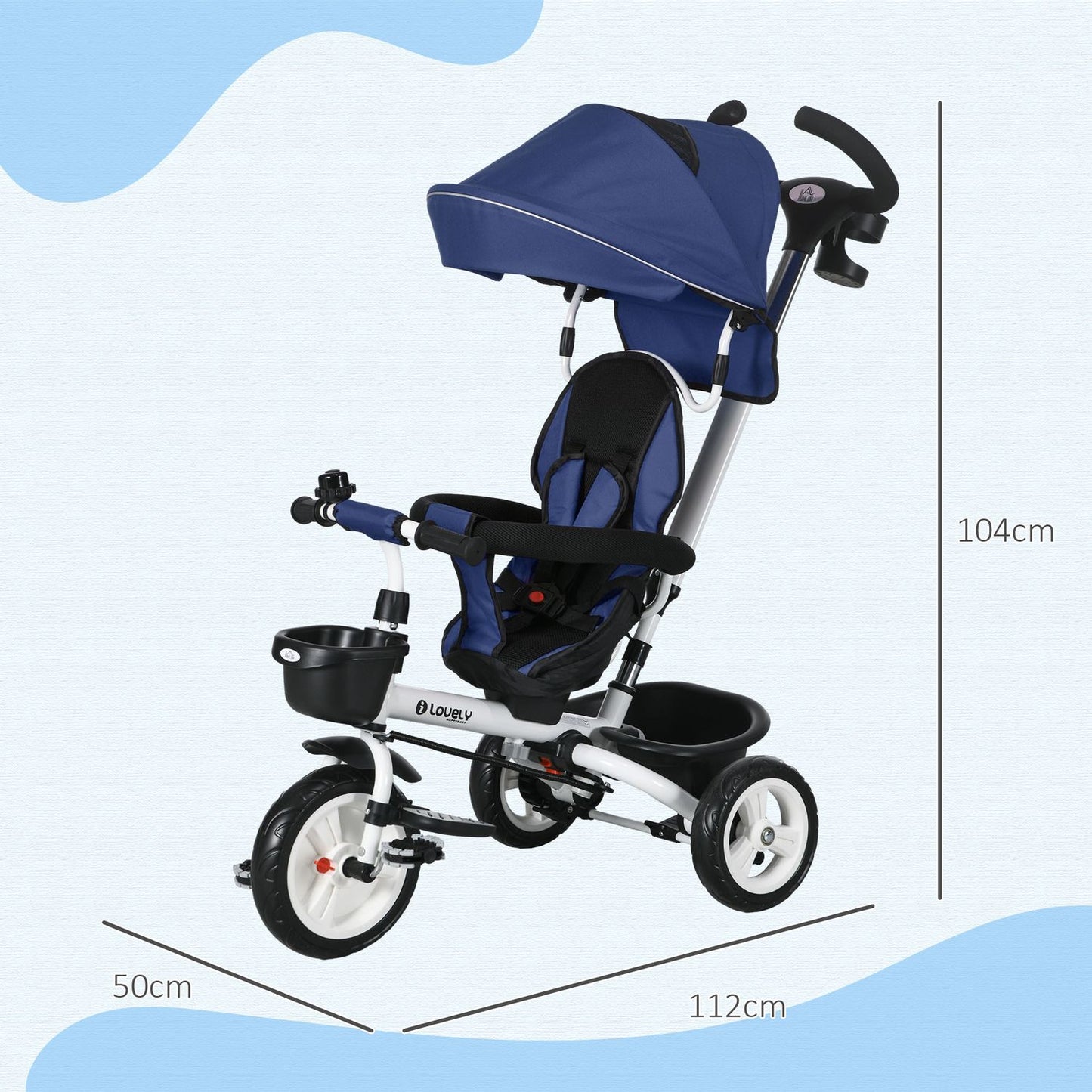 2-in-1 tricycle for children with canopy and safety belt, blue