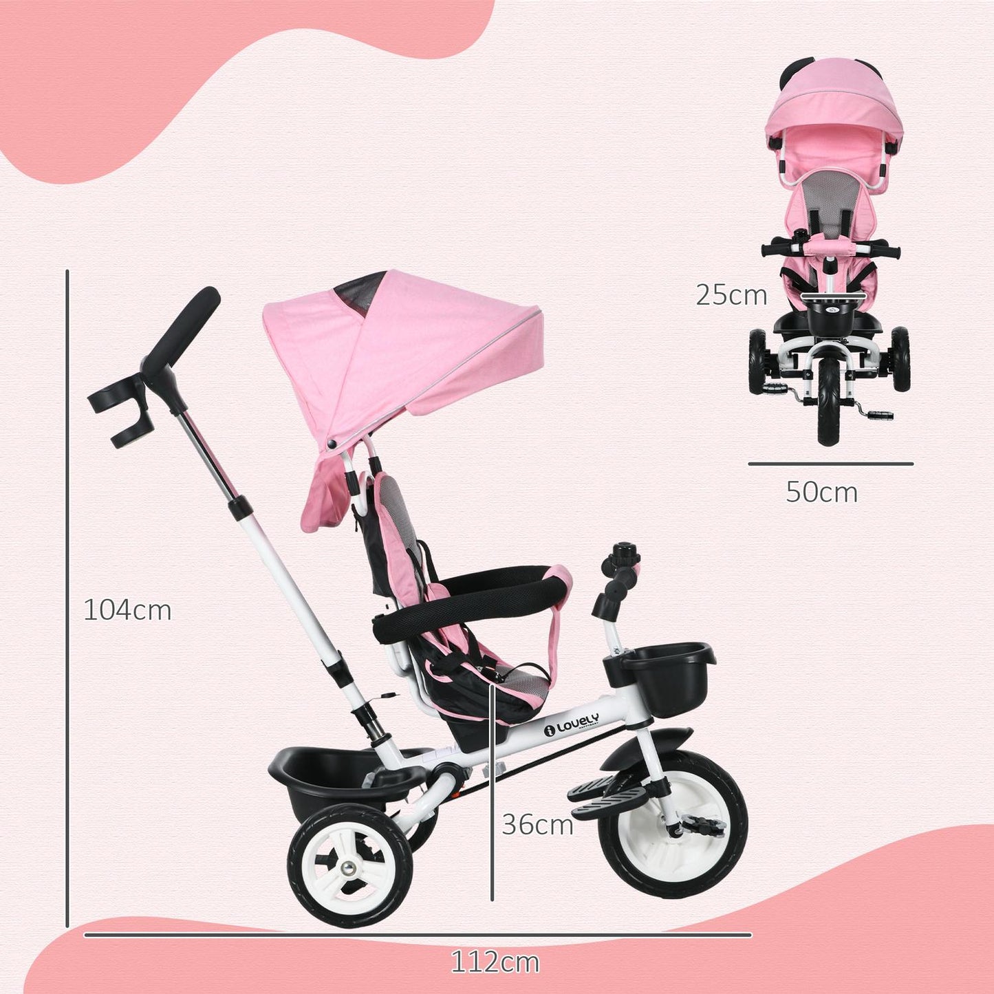 2-in-1 pink tricycle with canopy, safety belt and basket