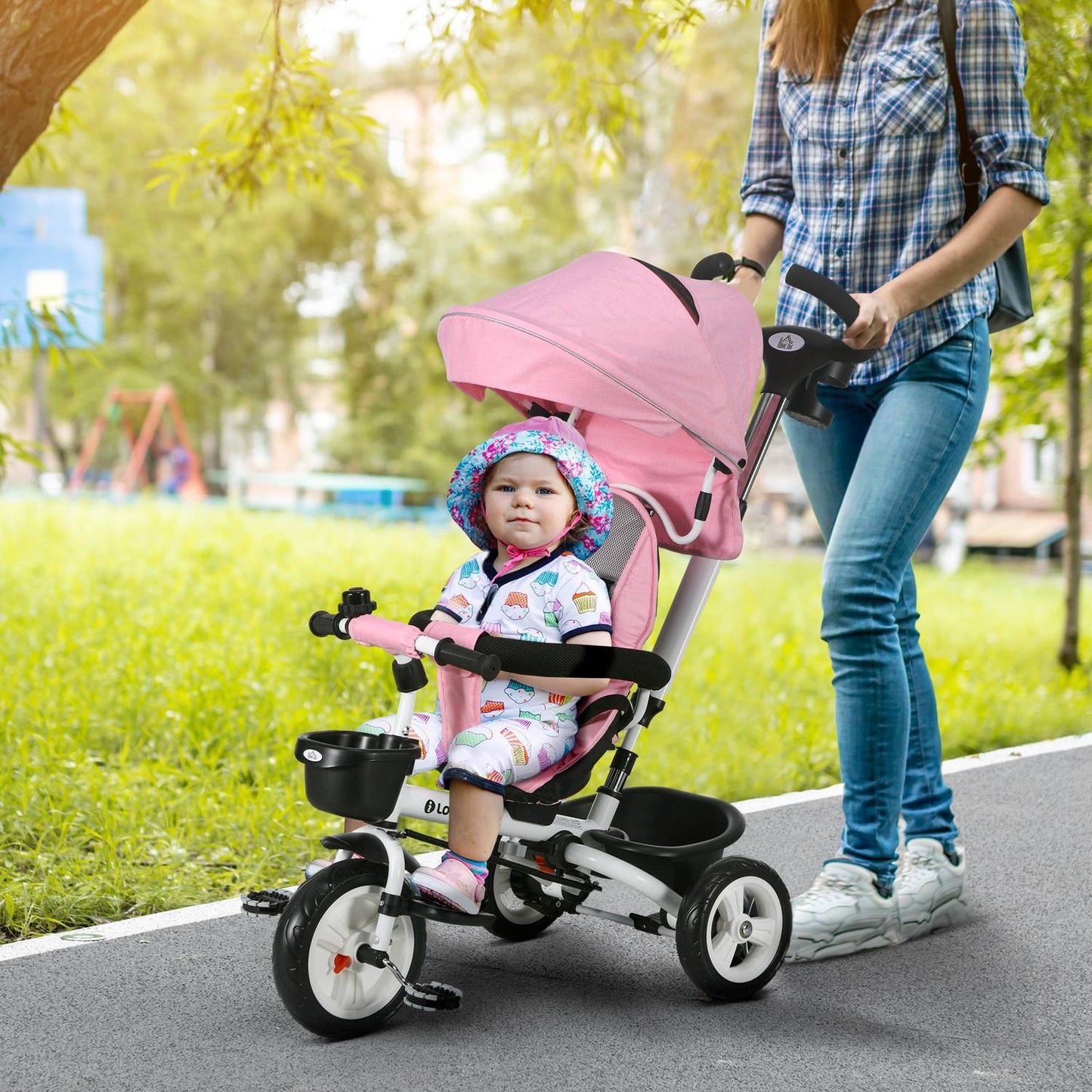 2-in-1 pink tricycle with canopy, safety belt and basket