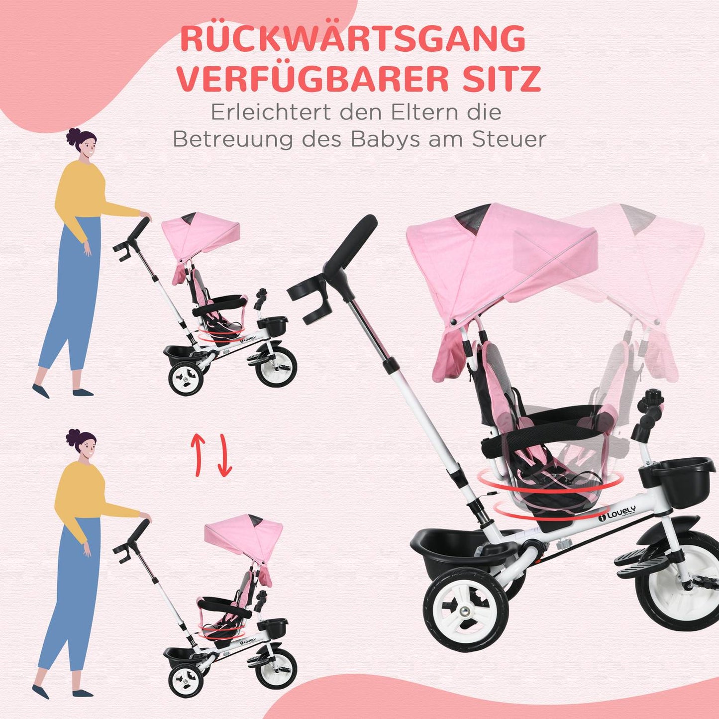 2-in-1 pink tricycle with canopy, safety belt and basket