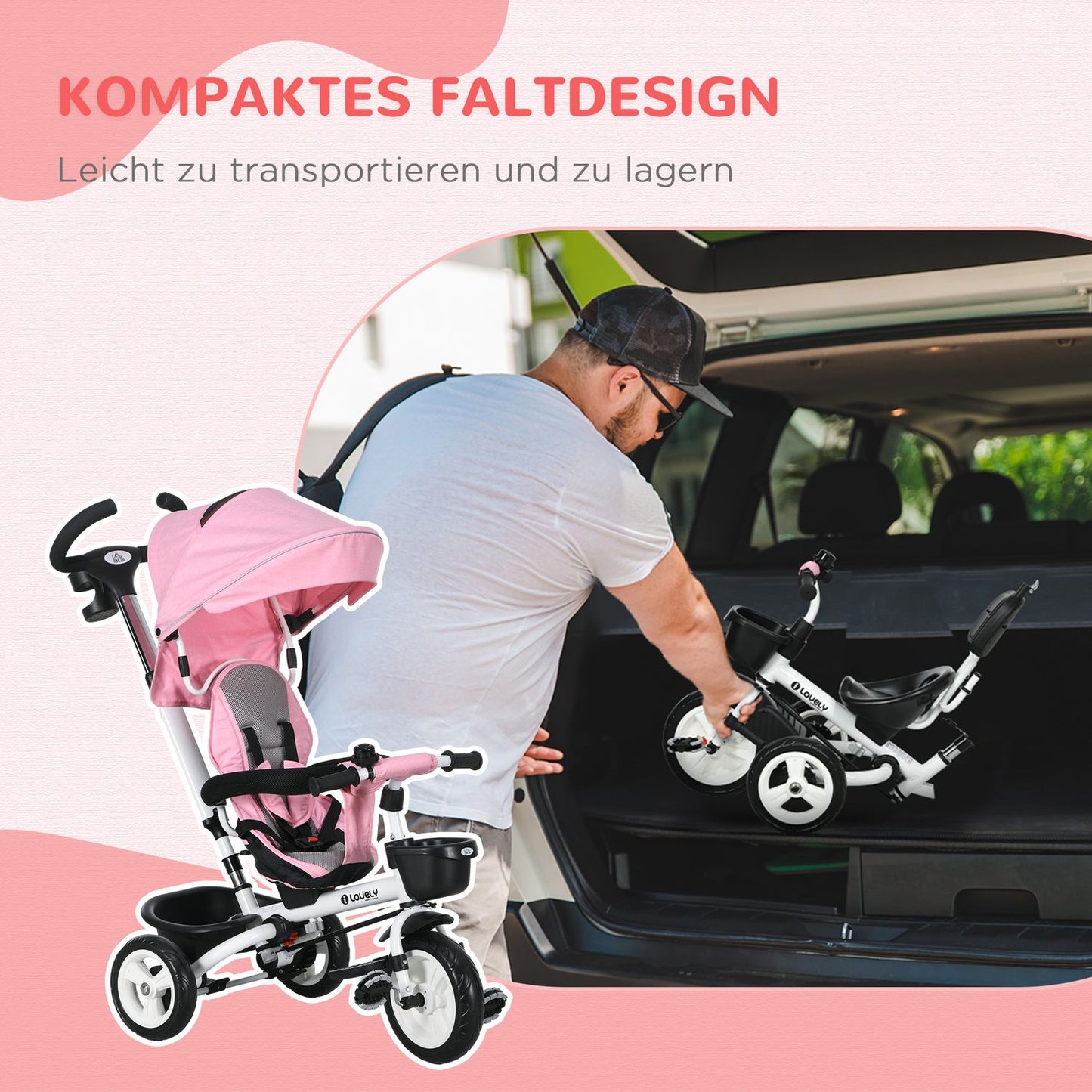 2-in-1 pink tricycle with canopy, safety belt and basket