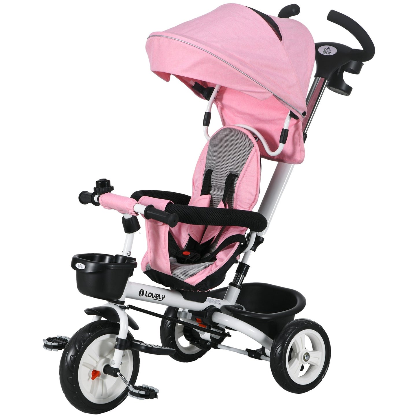 2-in-1 pink tricycle with canopy, safety belt and basket