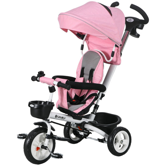 2-in-1 pink tricycle with canopy, safety belt and basket