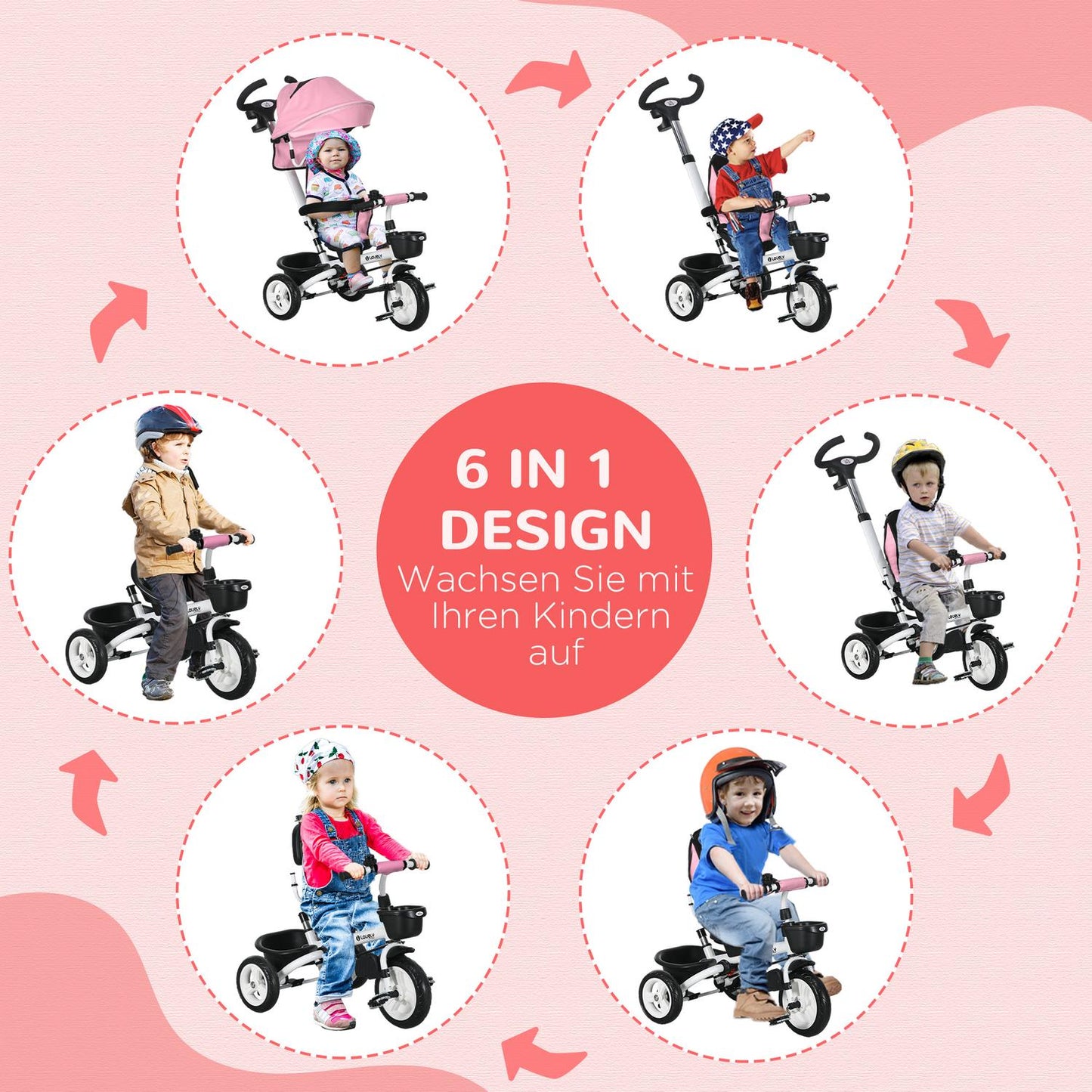 2-in-1 pink tricycle with canopy, safety belt and basket