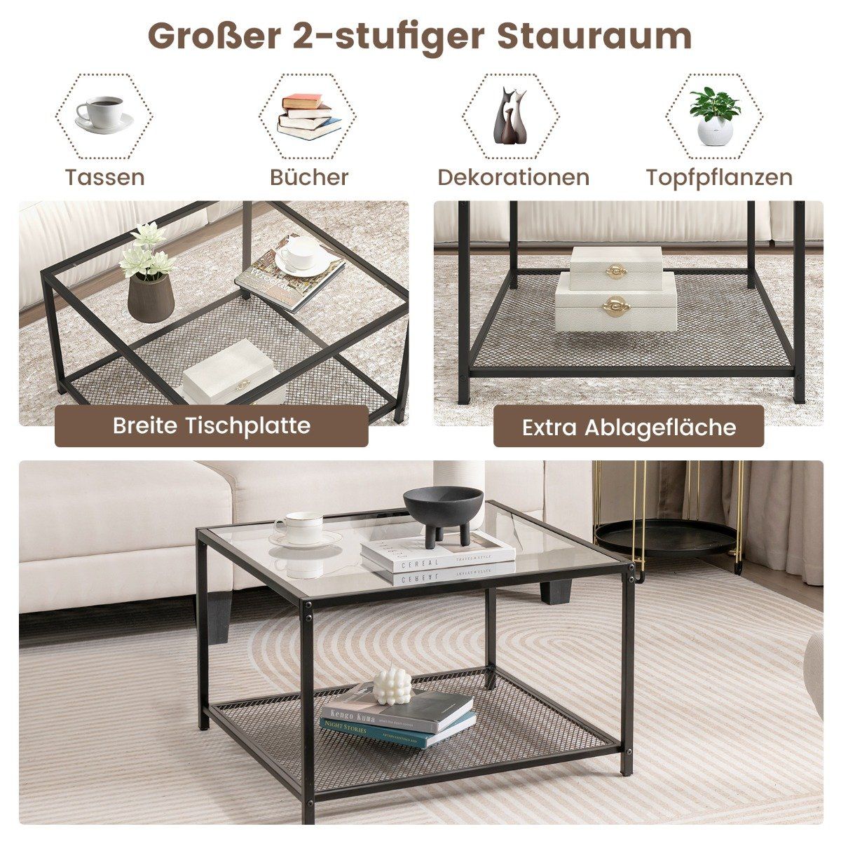 2 Level Glass Table with Storage Space & Mesh Shelf Modern Square Coffee Table 70 x 70 x 45 cm Transparent
