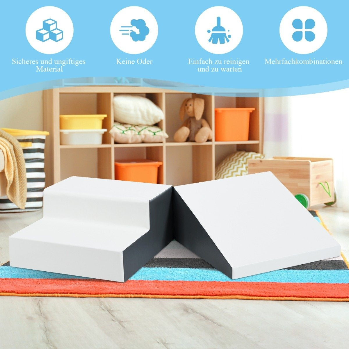 2PCS. Soft Building Blocks Foam Toddler Stairs & Ramp Climbing Toy White + Gray