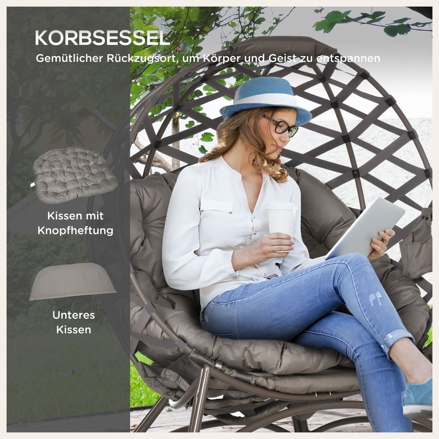 Garden chair set, wicker with folding seat and cushions