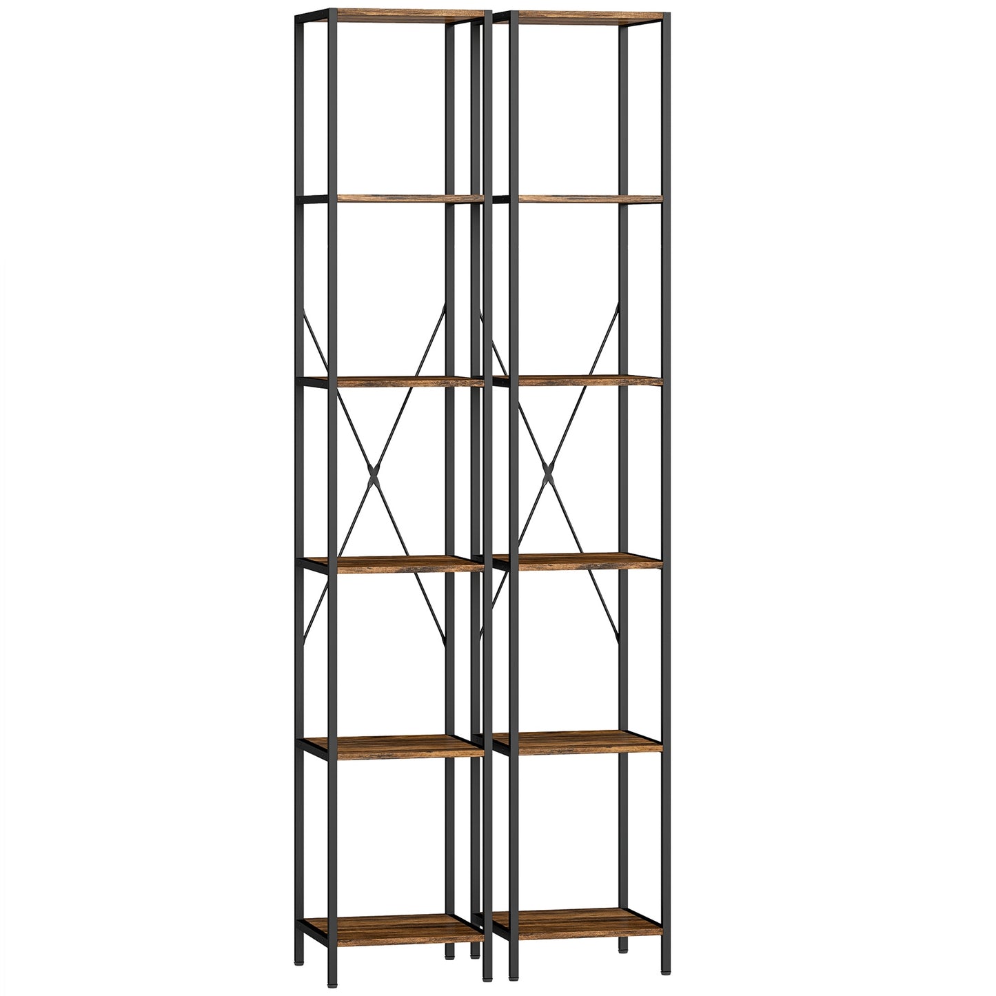 2-Piece 6-Tier Bookshelf Set, Steel Frame, Rustic Brown