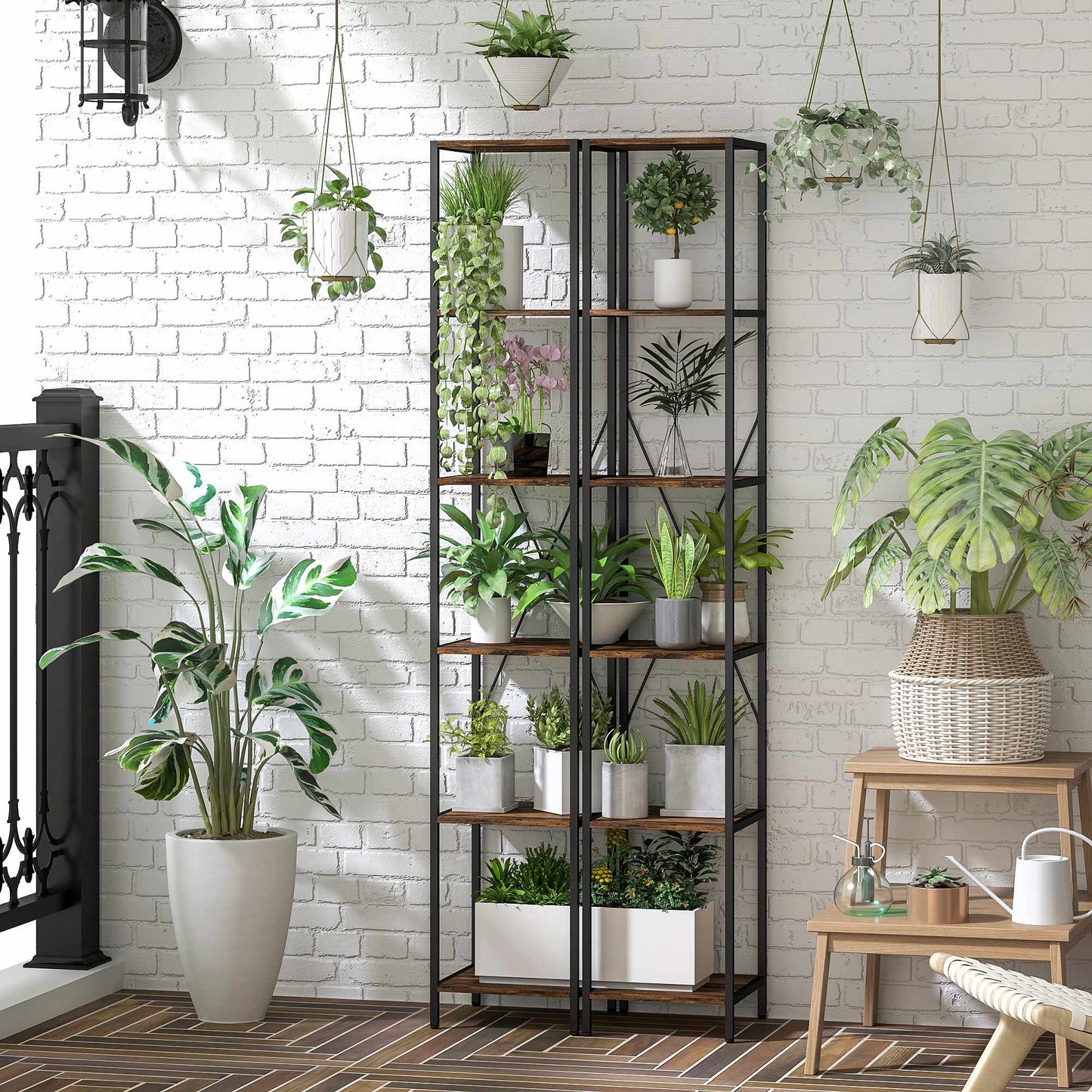 2-Piece 6-Tier Bookshelf Set, Steel Frame, Rustic Brown