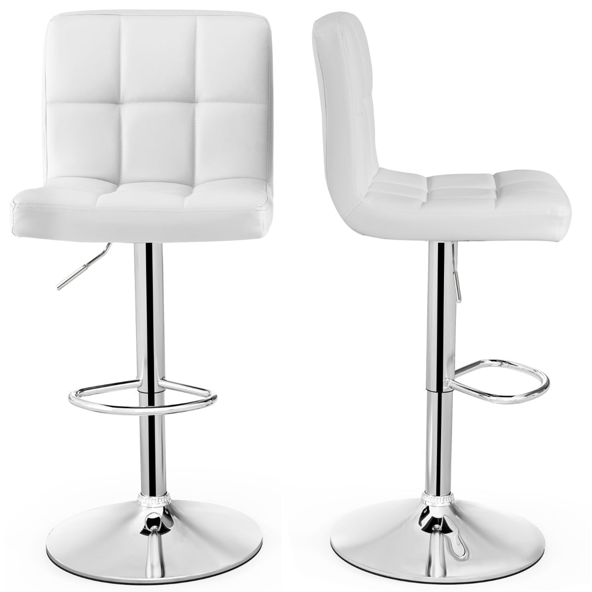 2-Piece Adjustable Swivel Bar Stools, White Faux Leather