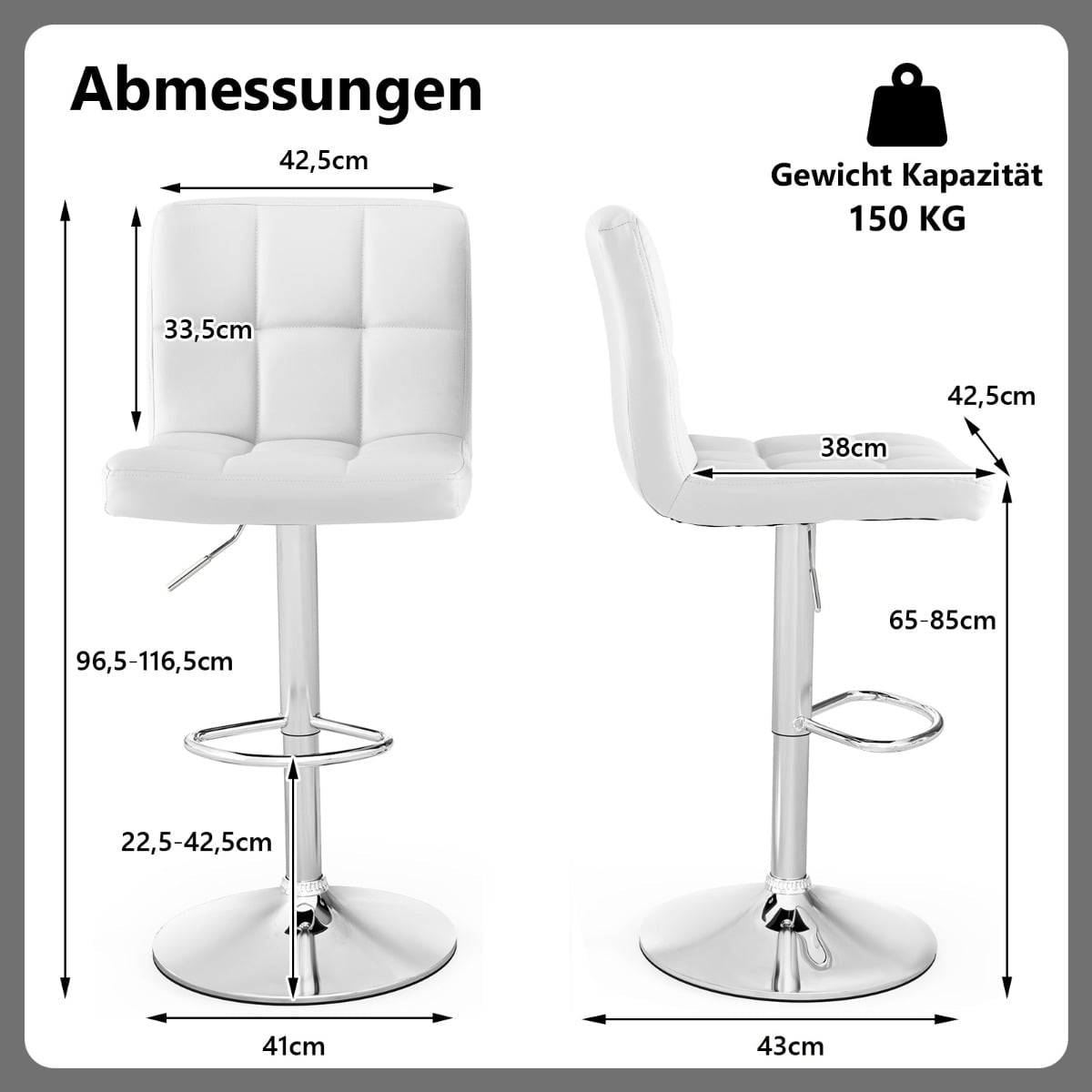 2-Piece Adjustable Swivel Bar Stools, White Faux Leather