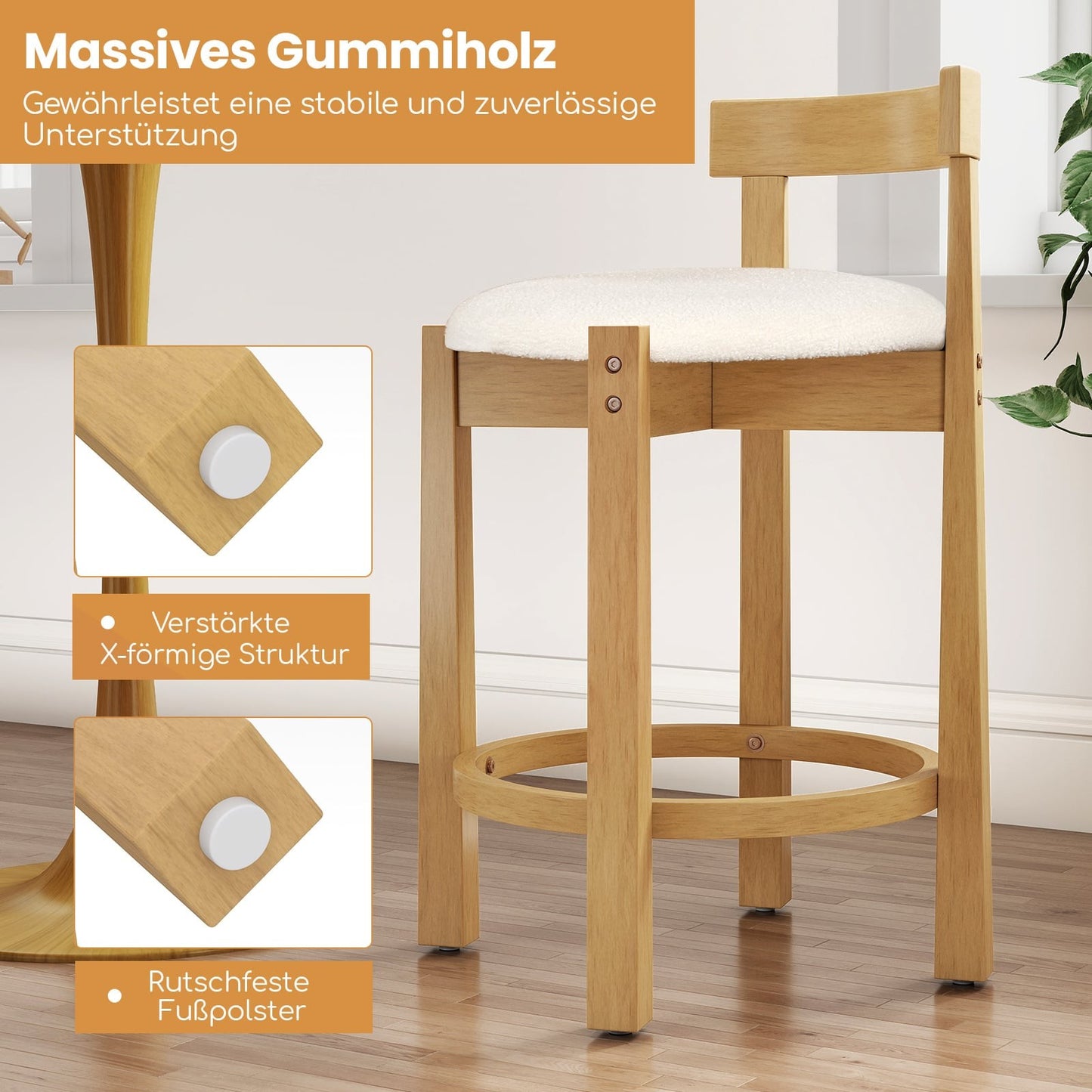 2-Piece Bar Stool Set, Wood, 62cm Seat Height, Natural