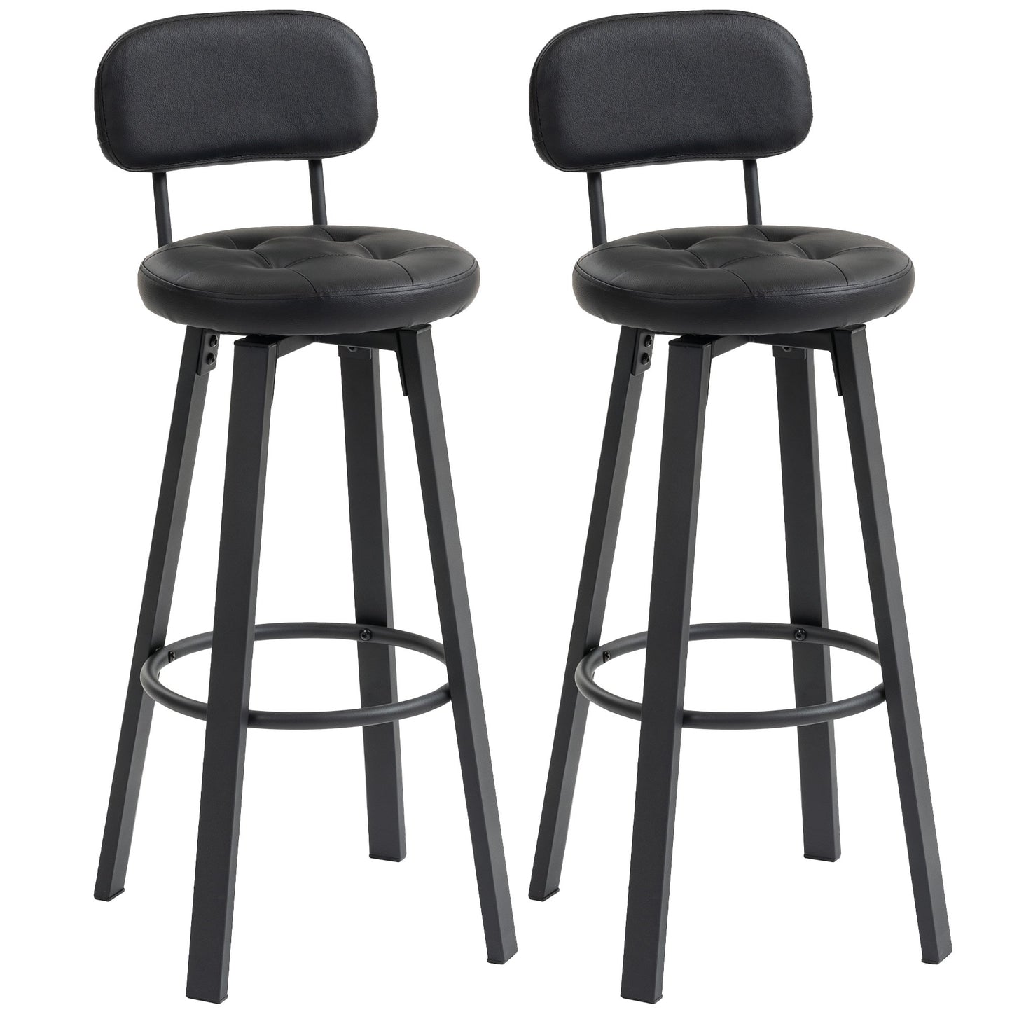 2-Piece Black Faux Leather Bar Stools, Swivel, Footrest