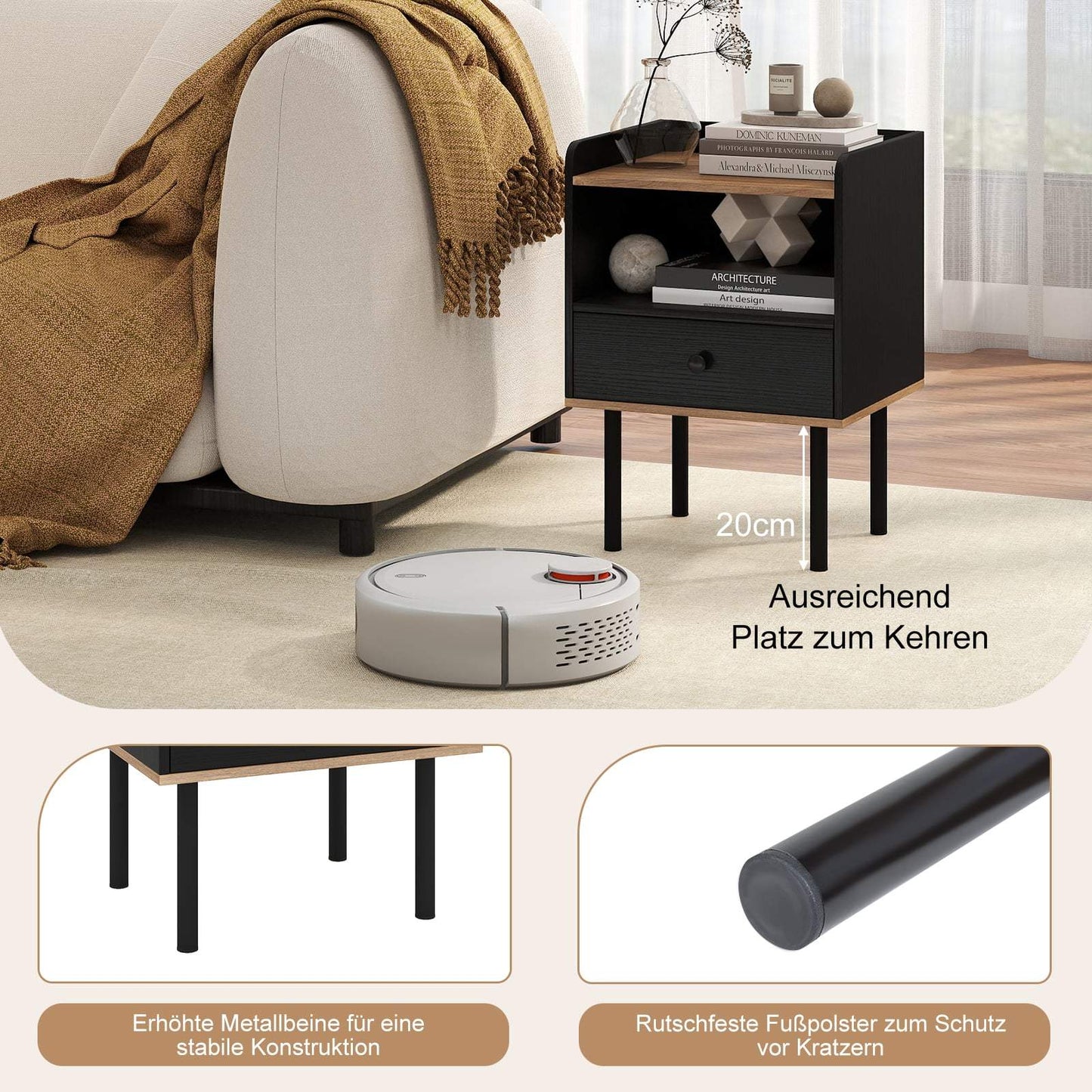 2-Piece Black Nightstand Set with Drawer & Shelf