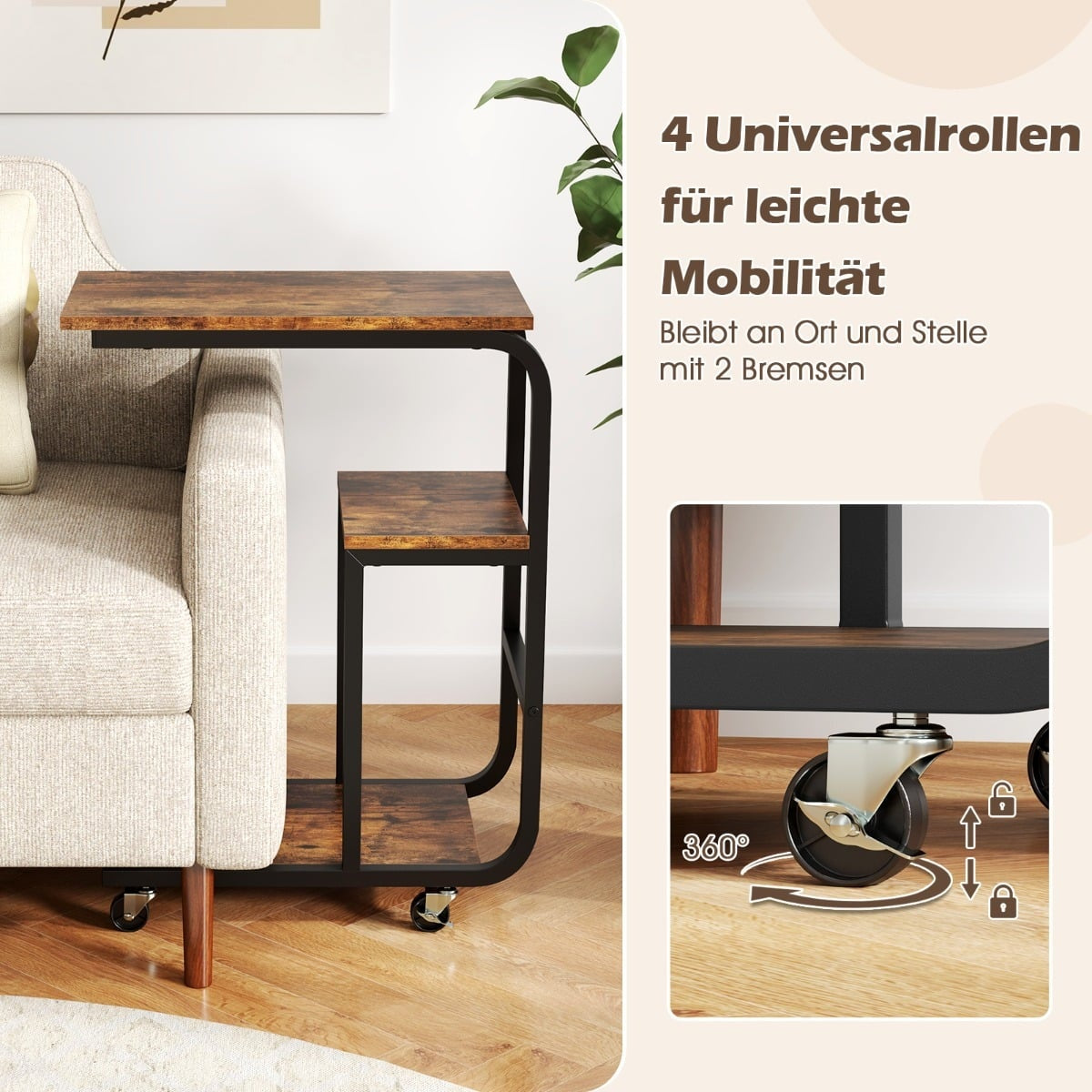 2-Piece C-Shaped Nesting Side Table Set with Wheels