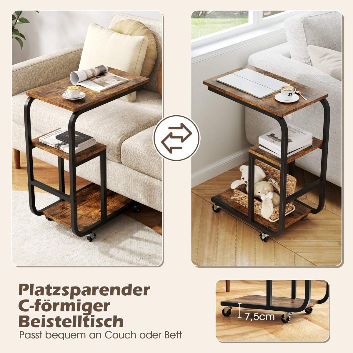 2-Piece C-Shaped Nesting Side Table Set with Wheels