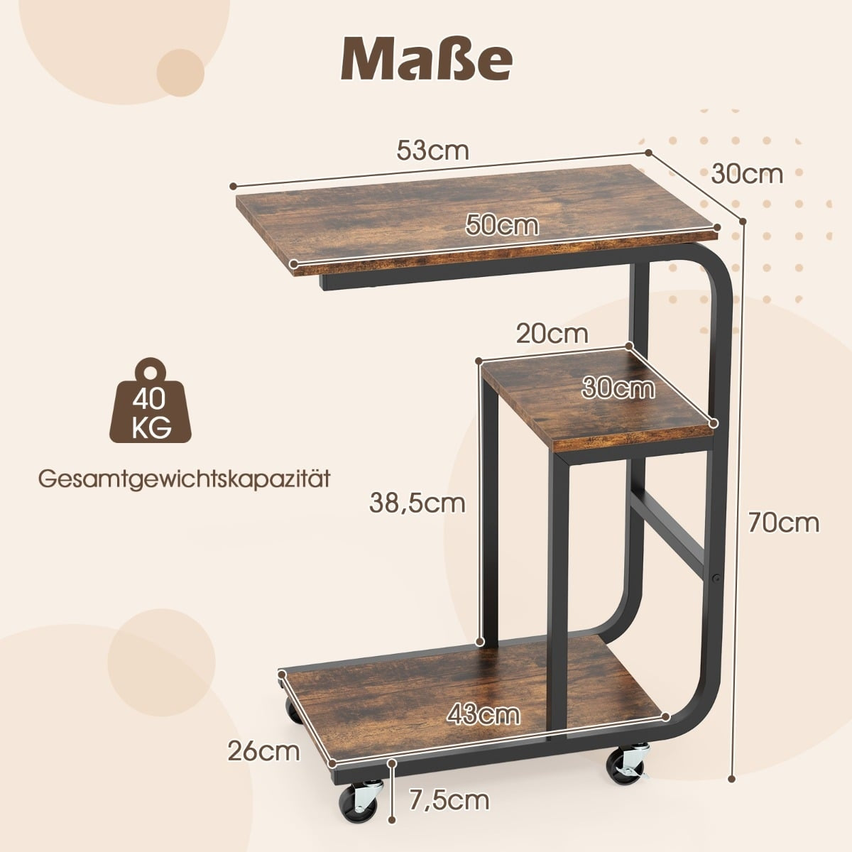 2-Piece C-Shaped Nesting Side Table Set with Wheels