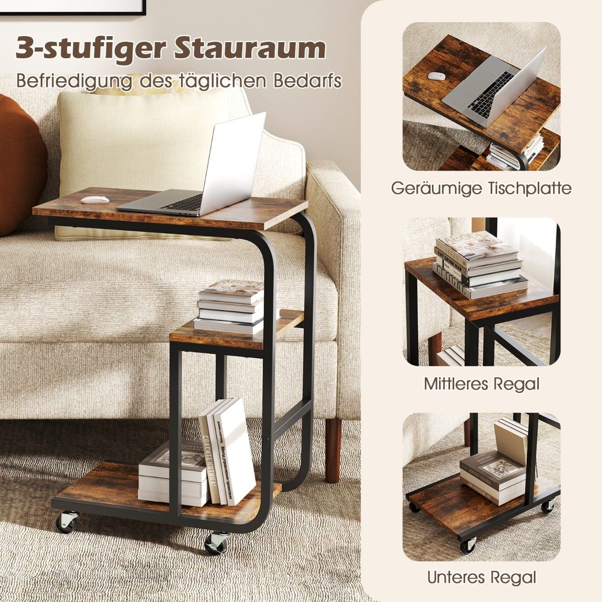 2-Piece C-Shaped Nesting Side Table Set with Wheels