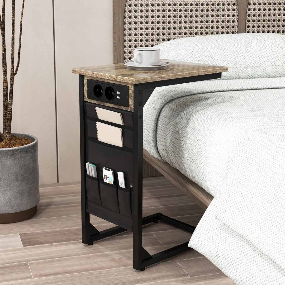 2-Piece C-Shaped Side Table Set with Charging Station