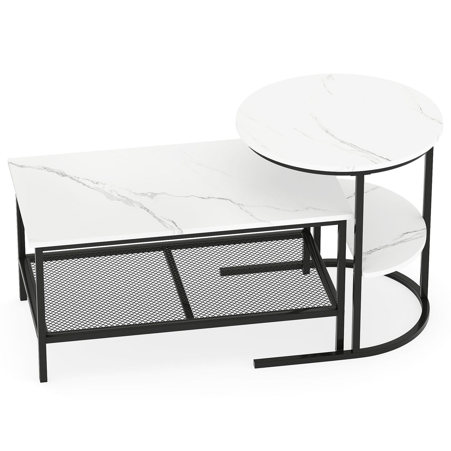 2-Piece Coffee Table Set with Faux Marble Top, Black