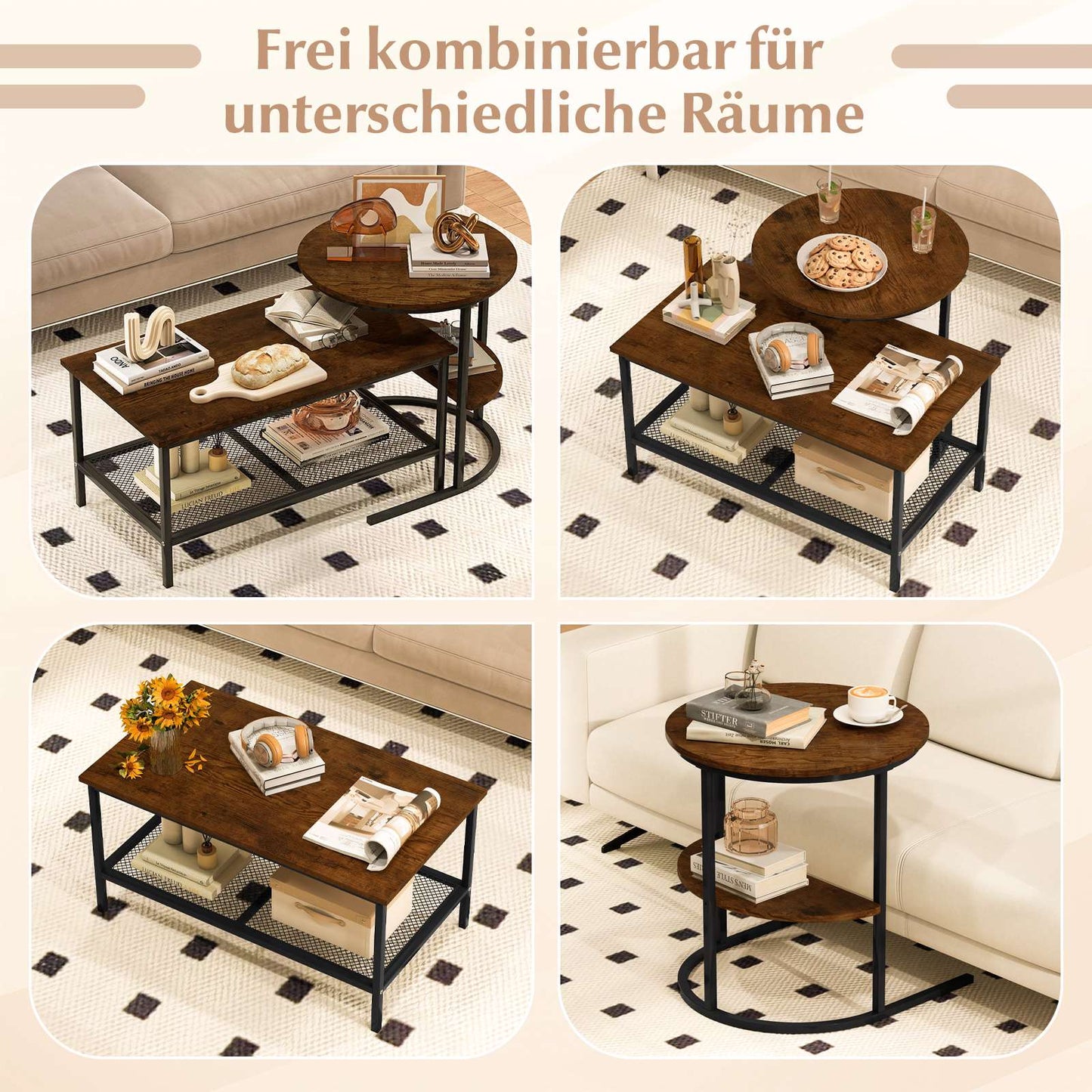 2-Piece Coffee Table Set with Faux Marble Tops, Brown