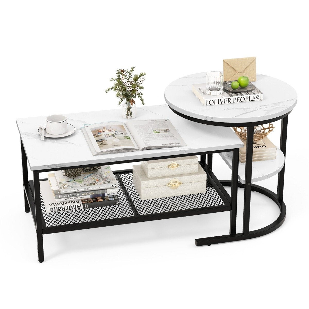 2-Piece Coffee Table Set with Faux Marble Tops