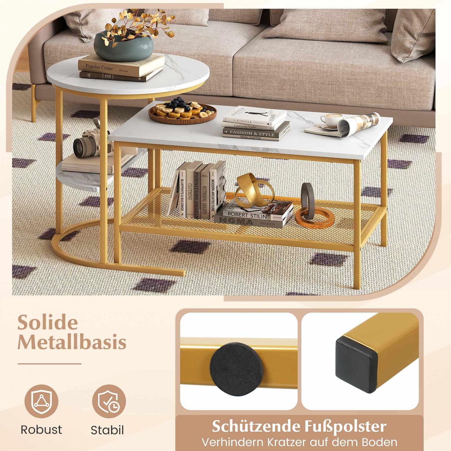 2-Piece Coffee Table Set with Faux Marble Tops, White