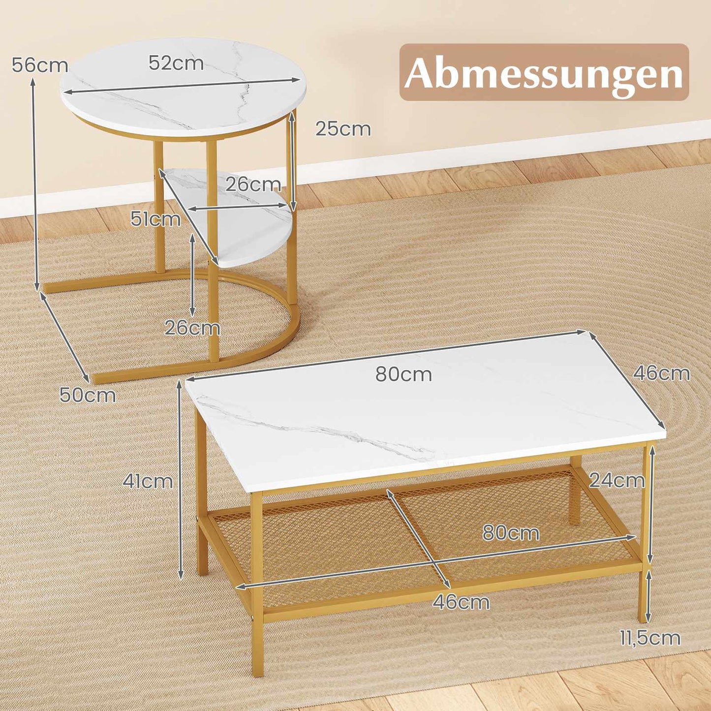 2-Piece Coffee Table Set with Faux Marble Tops, White