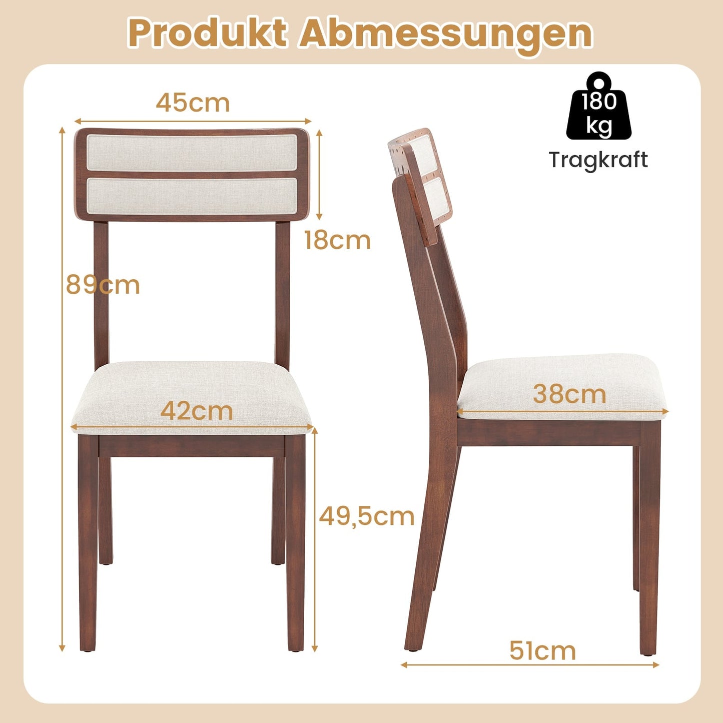 2-Piece Dining Chairs Set, Padded Seat, Rubberwood Legs