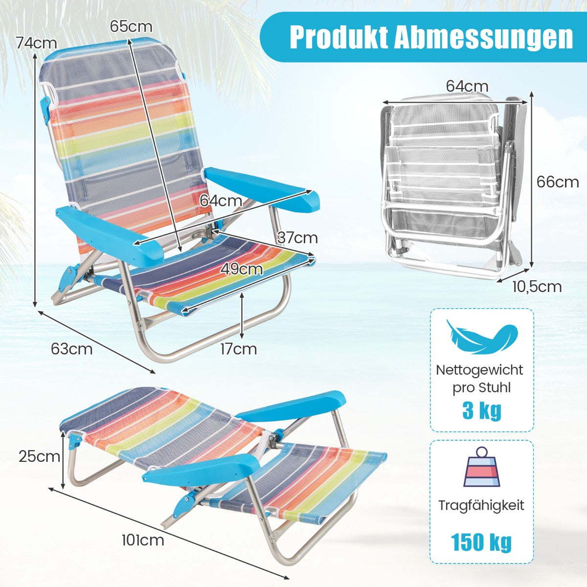 2-Piece Folding Beach Chairs with Adjustable Backrest