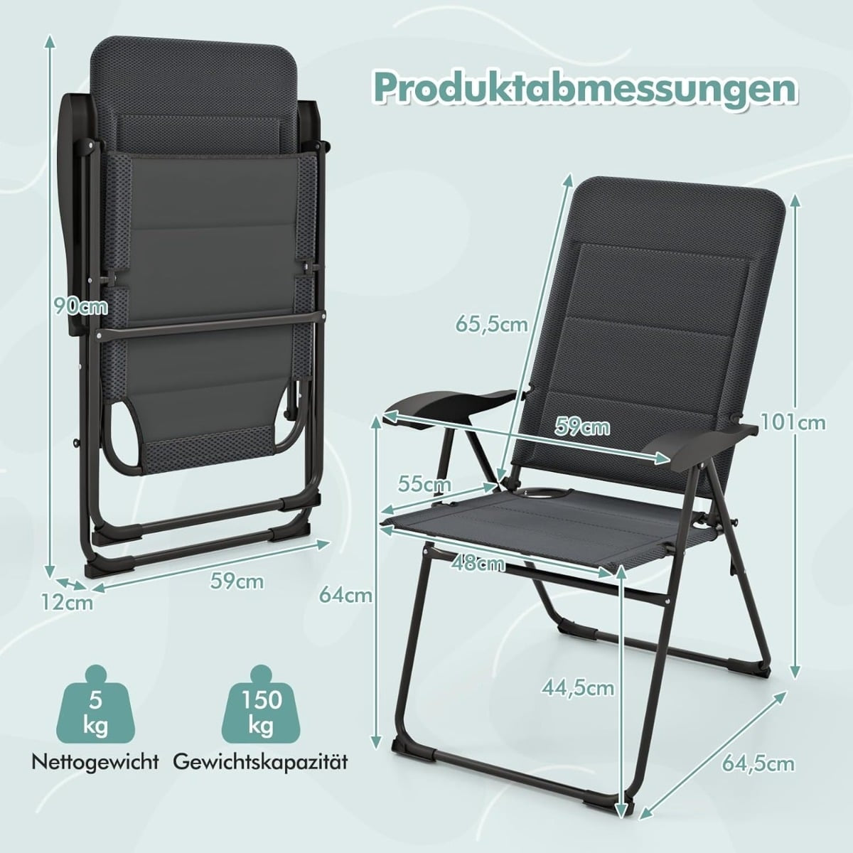 2-Piece Folding Patio Chairs, Adjustable Backrest, Grey