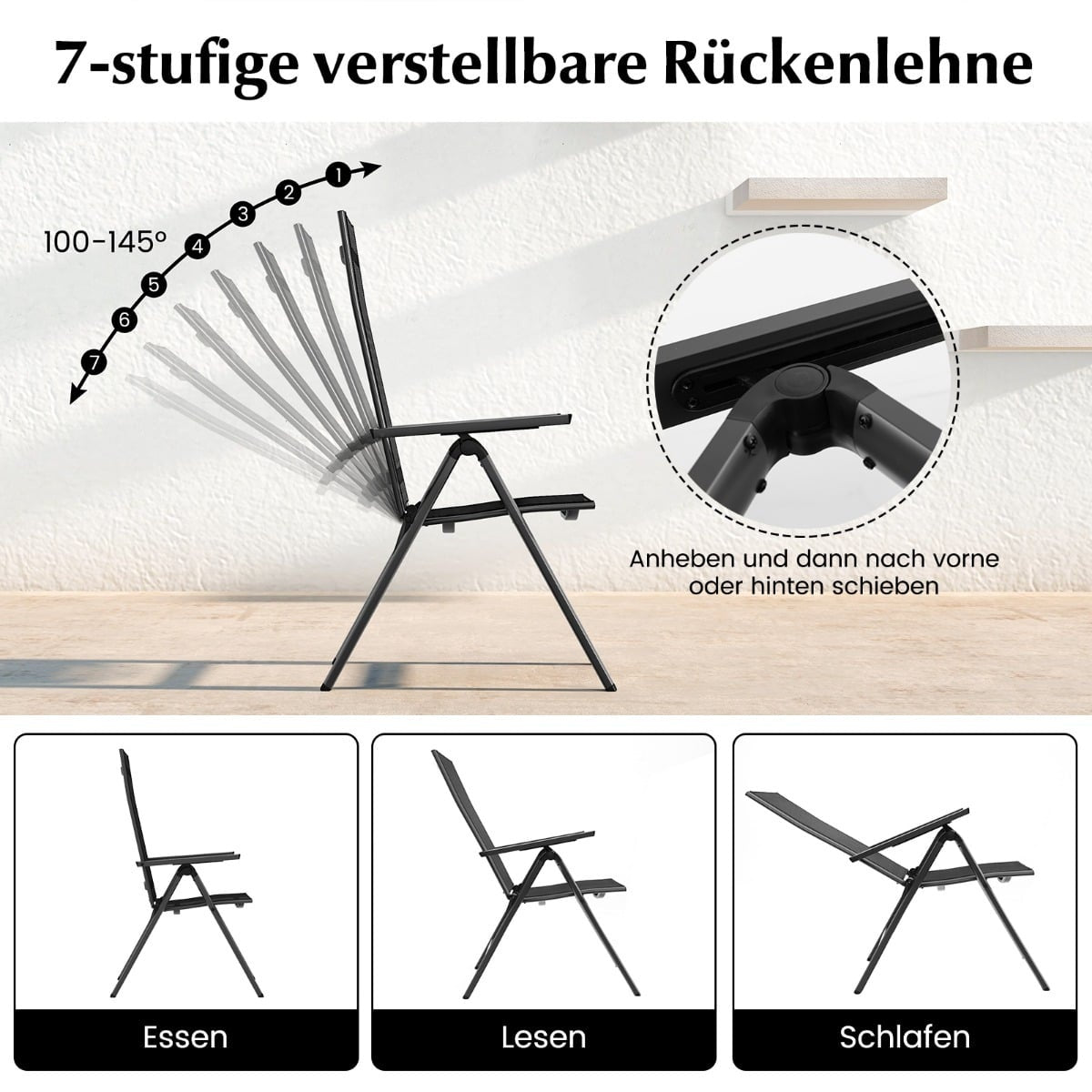 2-Piece Folding Patio Chairs, Adjustable Recline, Black