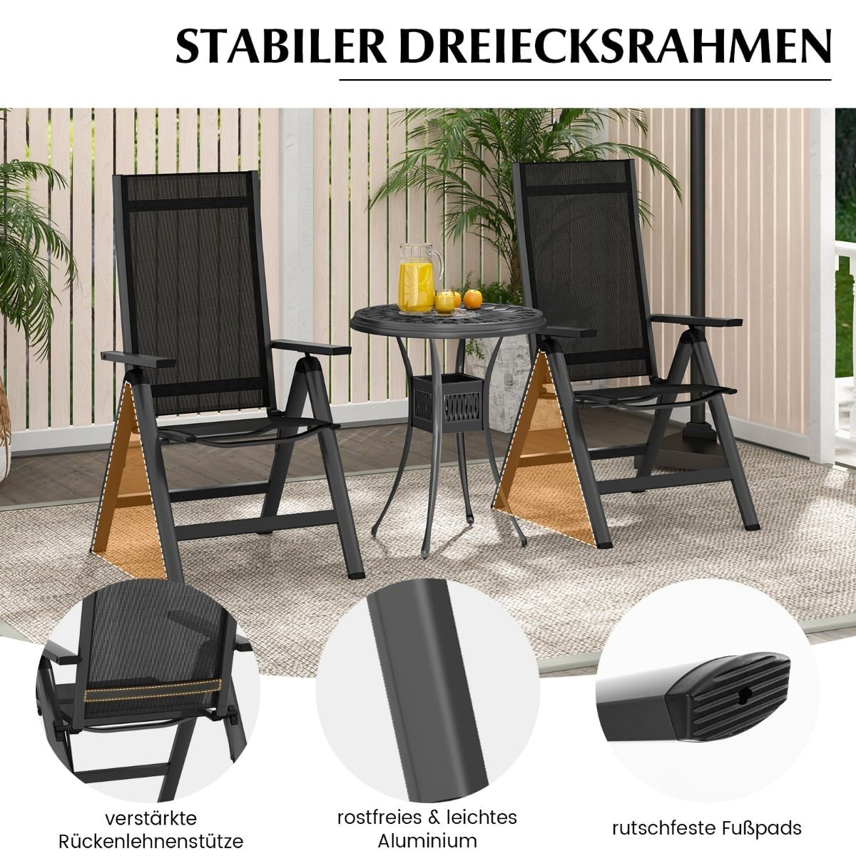 2-Piece Folding Patio Chairs, Adjustable Recline, Black