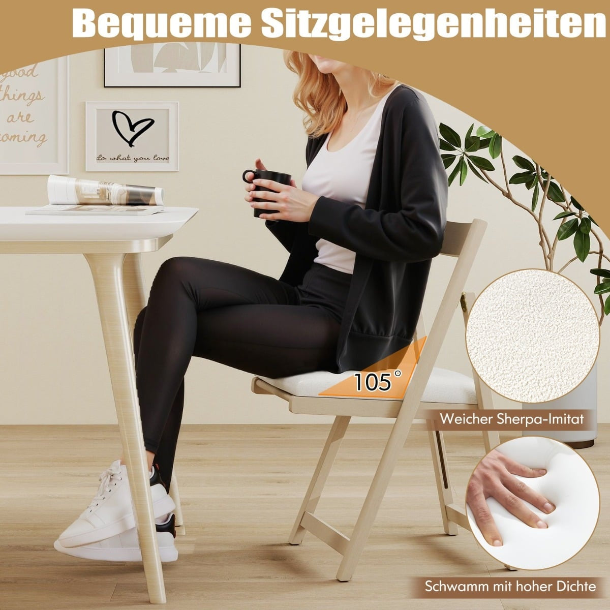 2-Piece Folding Wood Chairs with Cushions, Armless, Natural