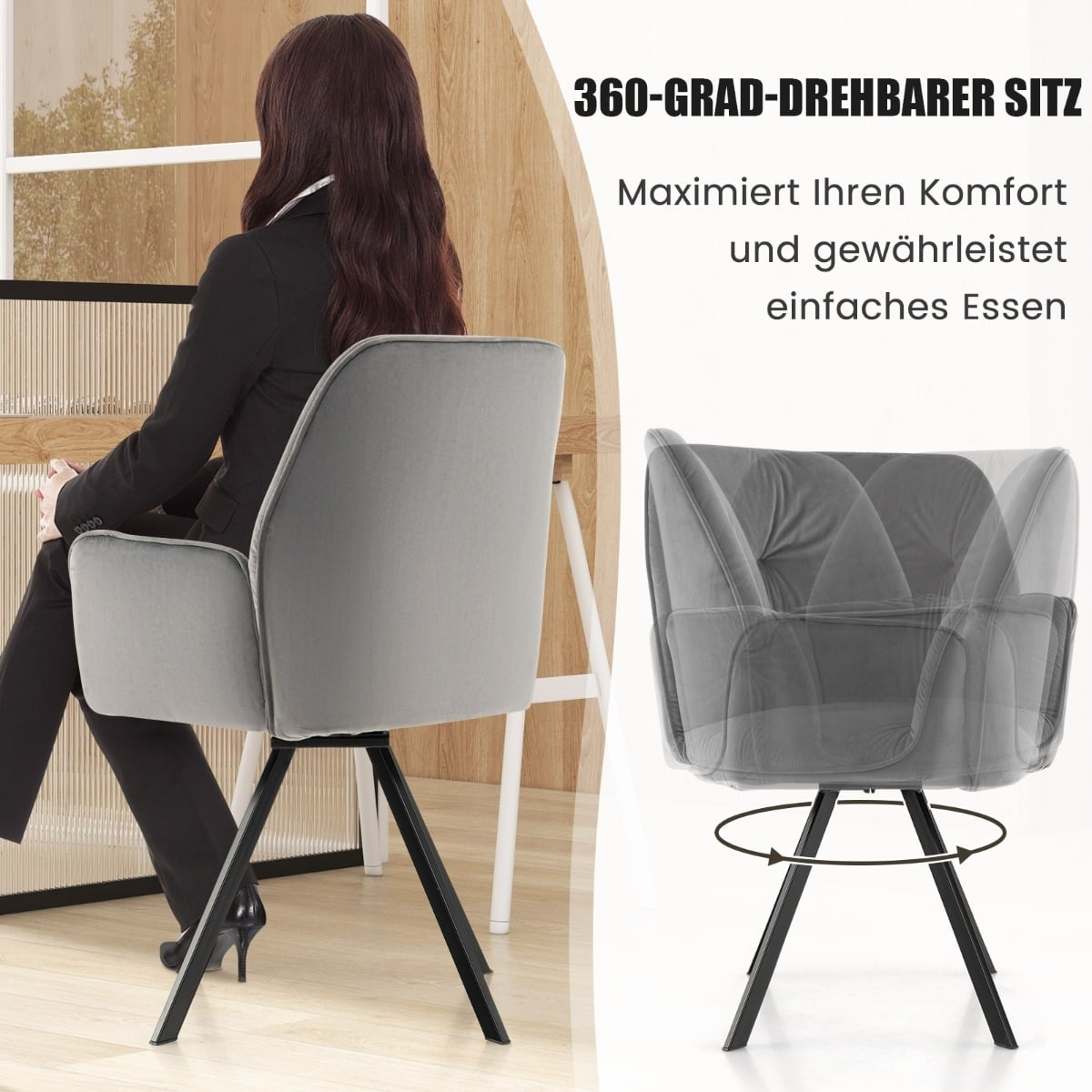 2-Piece Grey Velvet Swivel Dining Chairs, Metal Legs