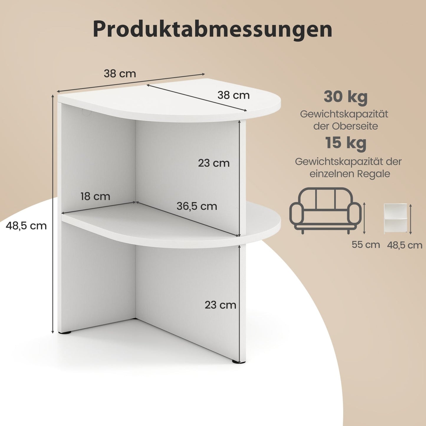 2-Piece Half-Moon Side Table Set, 2-Tier, White, 38x38x48.5 cm