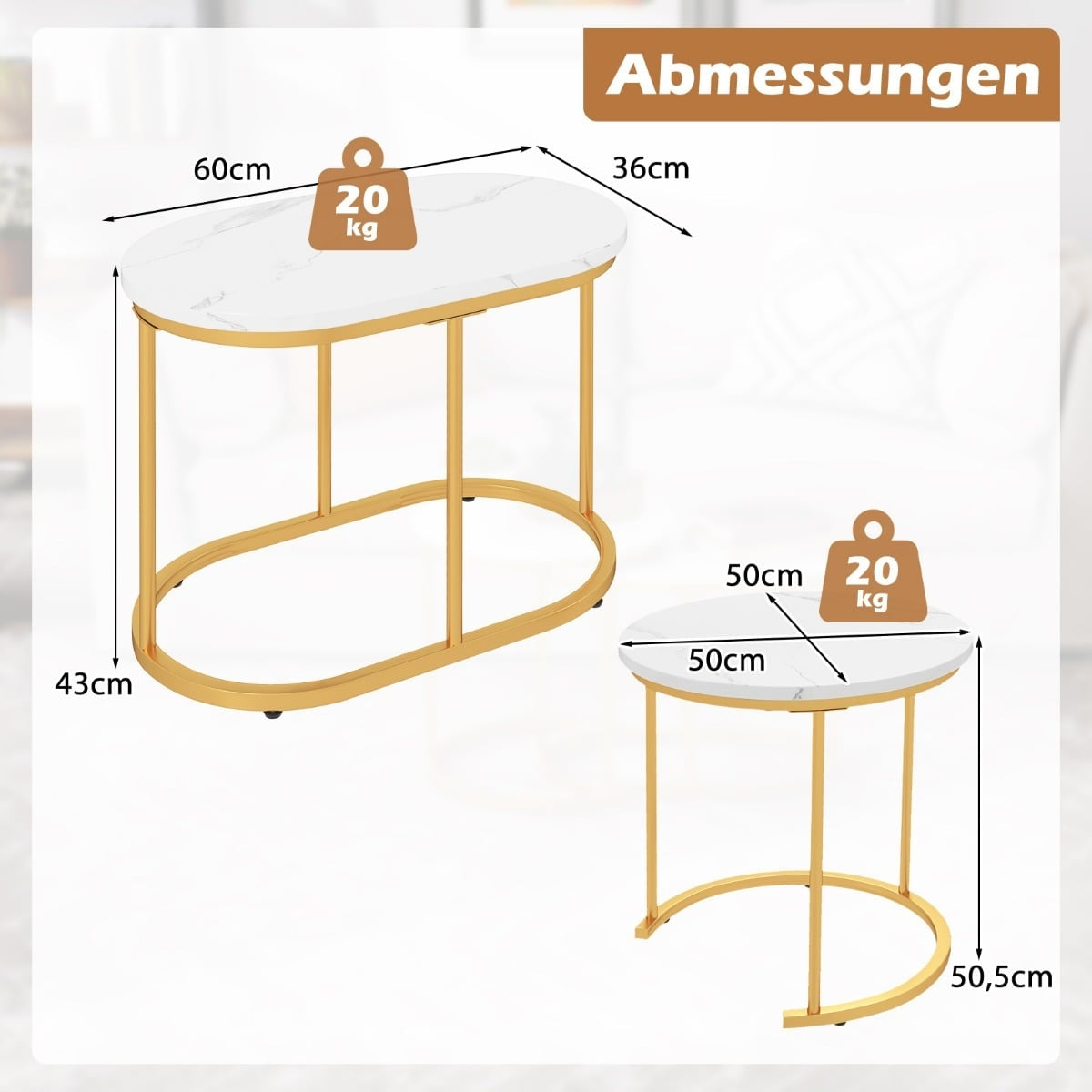 2-Piece Marble-Look Coffee Table Set with Gold Legs