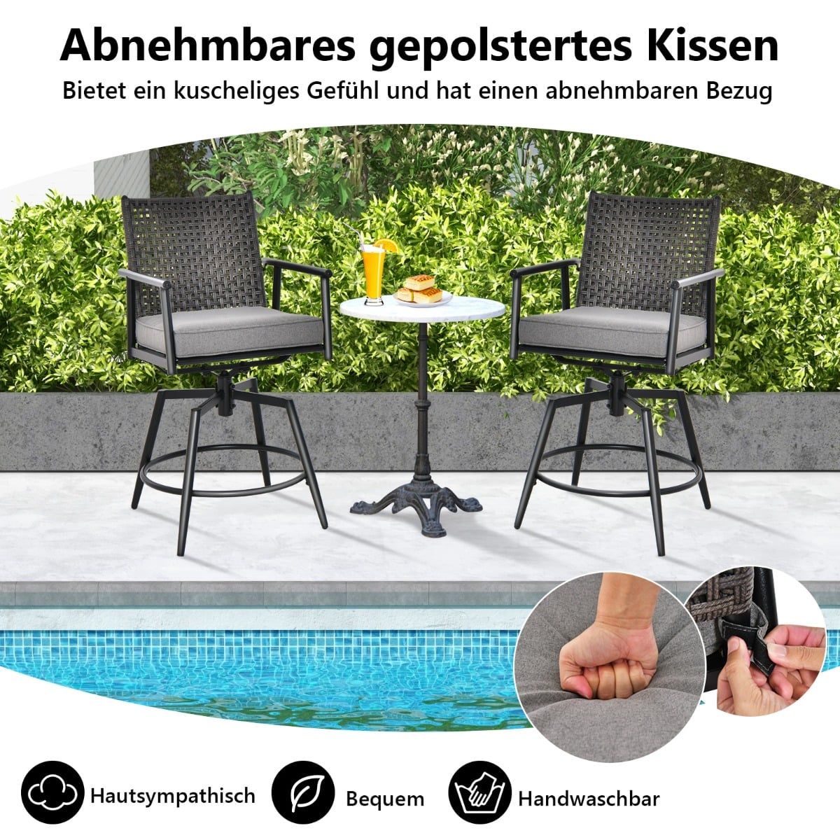 2-Piece Outdoor Bar Stool Set, Black, 360 Swivel Seat