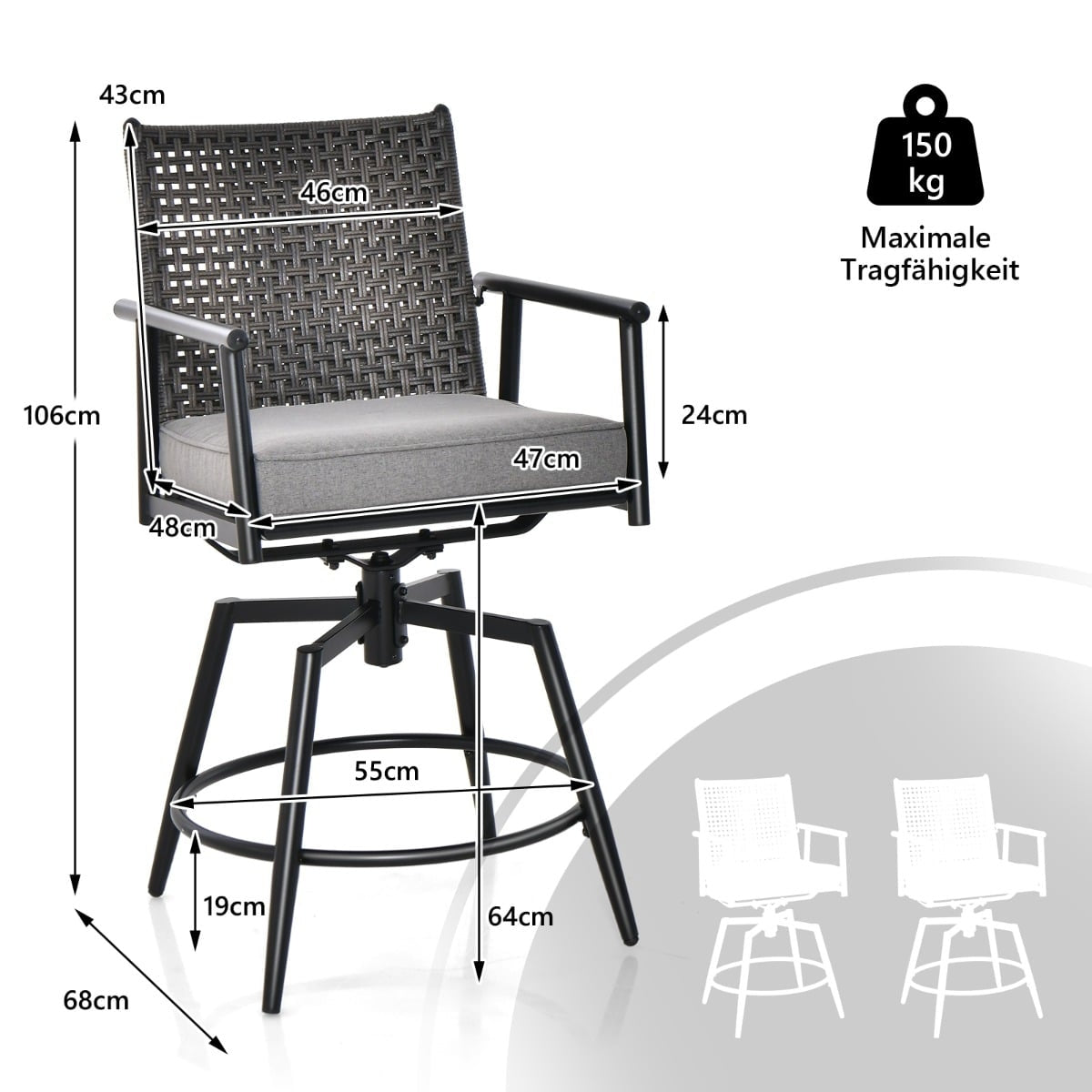 2-Piece Outdoor Bar Stool Set, Black, 360 Swivel Seat