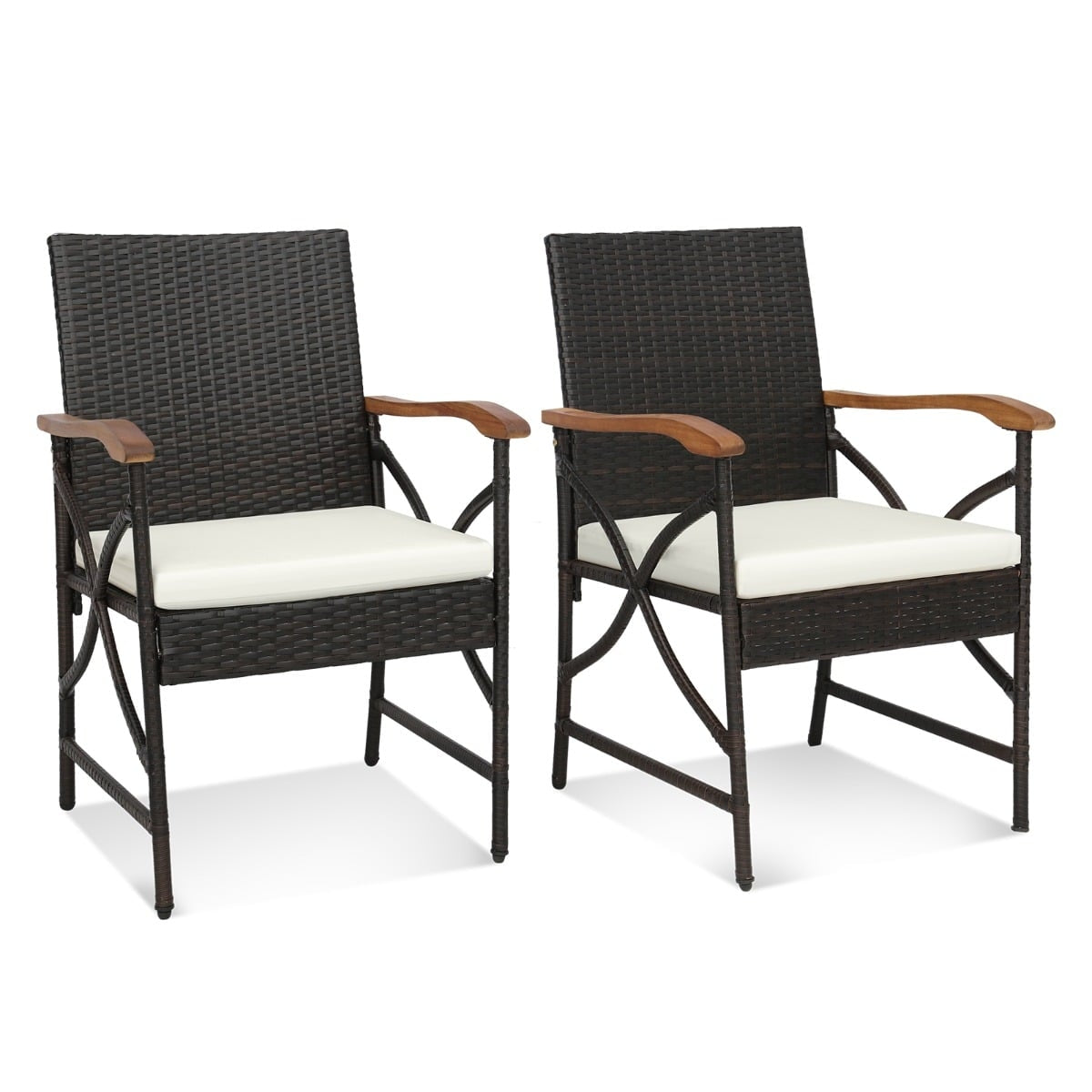 2-Piece PE Rattan Patio Chairs with Cushions and Armrests