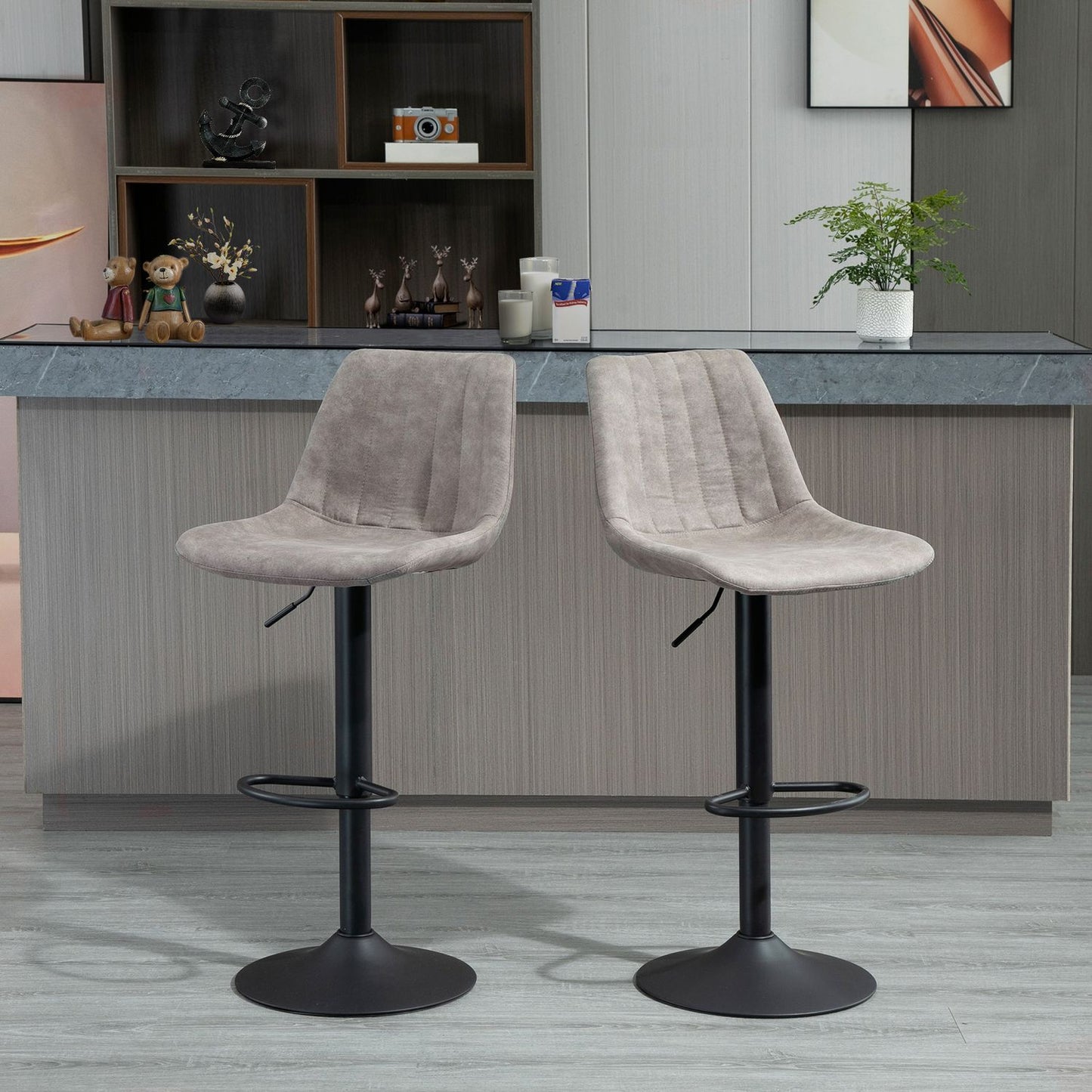 2-Piece Retro Bar Stools, Grey Microfiber, Adjustable Height